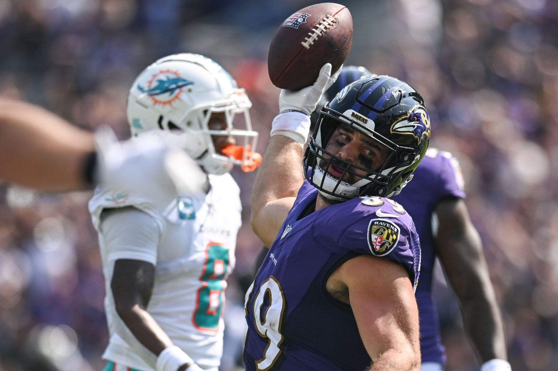 Baltimore Ravens tight end Mark Andrews (89) reacts during the game against the Miami Dolphins  at M&T Bank Stadium.