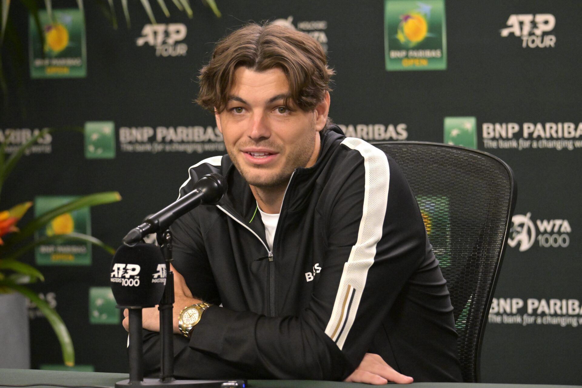 Taylor Fritz (USA) answers questions from the media during a press conference during the BNP Paribas Open at the Indian Wells Tennis Garden.