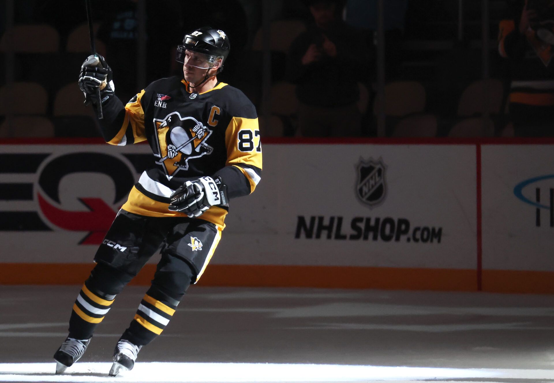 Pittsburgh Penguins center Sidney Crosby (87) reacts to being named a star of the game against the St. Louis Blues at PPG Paints Arena.