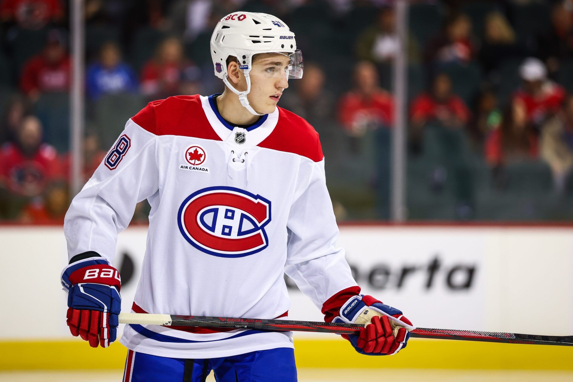 Montreal Canadiens defenseman Lane Hutson (48) against the Calgary Flames during the second period at Scotiabank Saddledome.