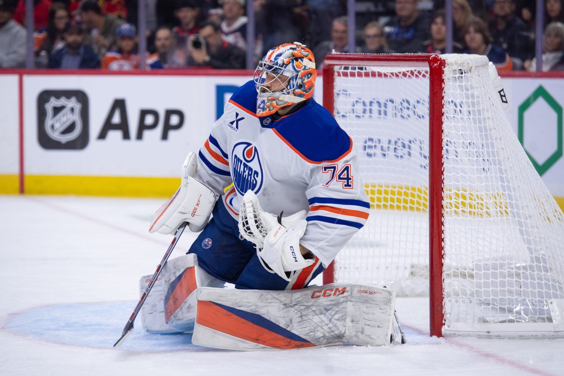 Edmonton Oilers goalie Stuart Skinner (74) makes a save in the first period against the Ottawa Senators at the Canadian Tire Centre.