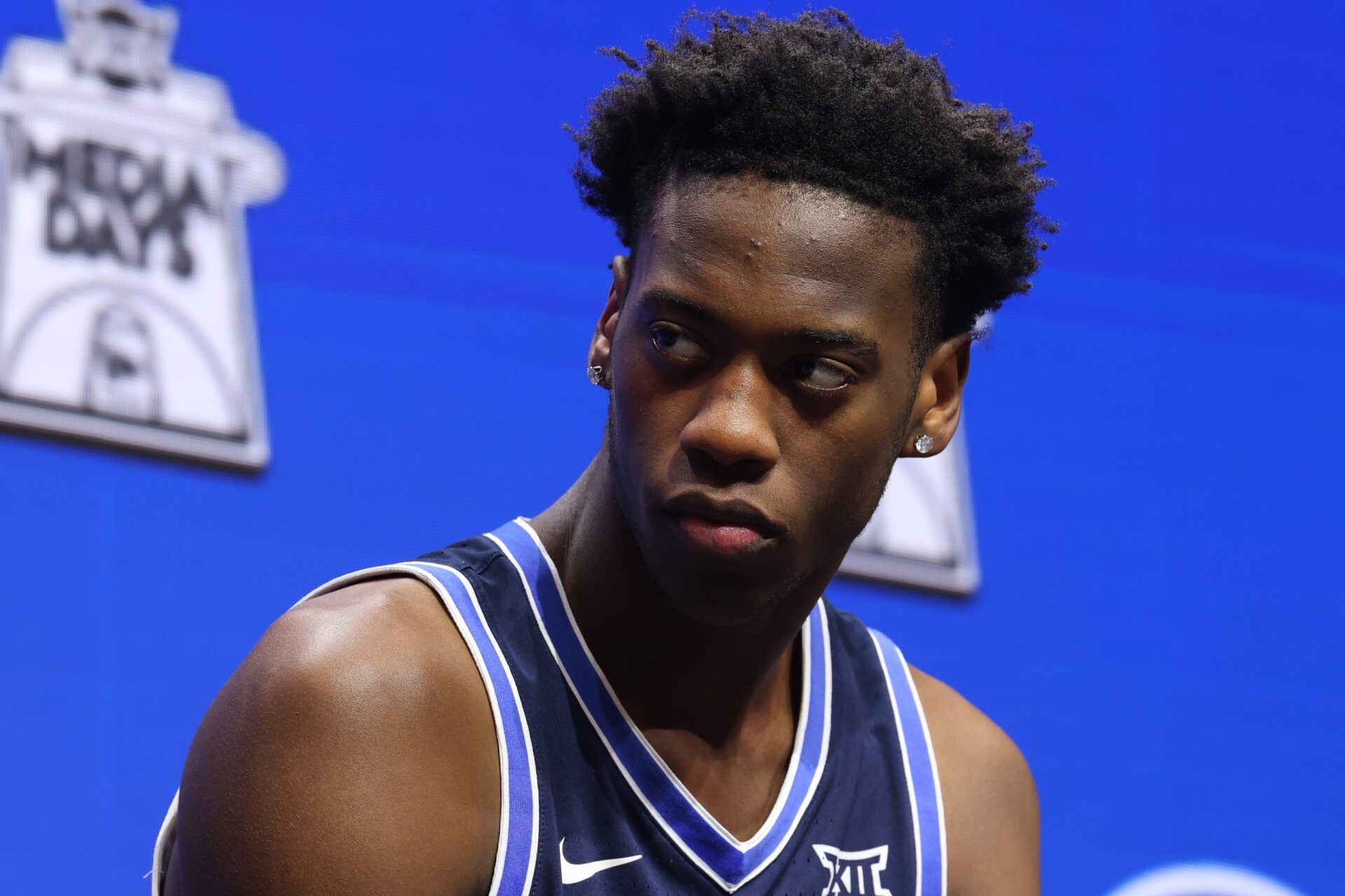 BYUs AJ Dybantsa speaks to media during Big 12 Mens Basketball media day at T-Mobile Center.