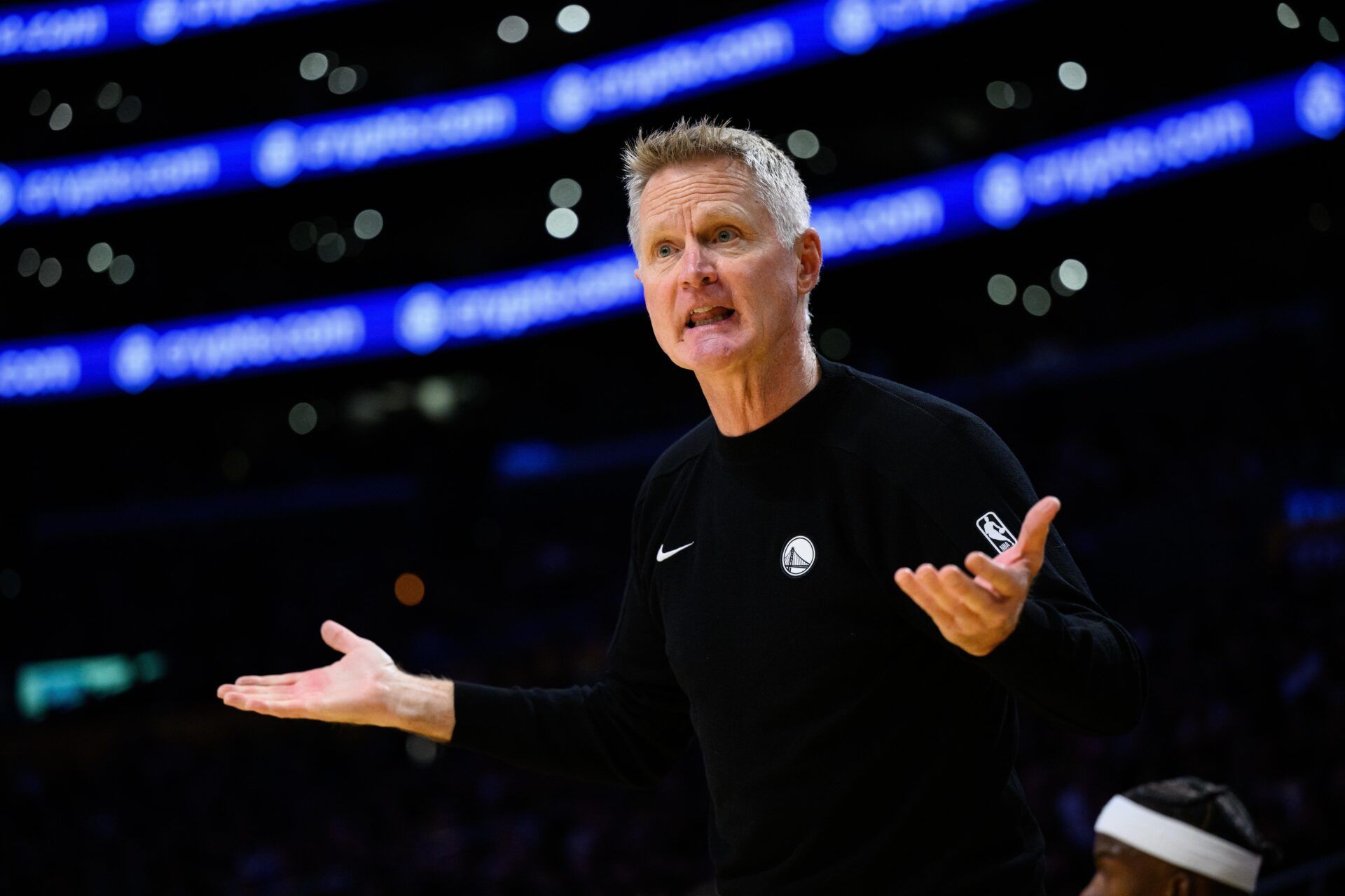 Golden State Warriors head coach Steve Kerr reacts during the first half against the Los Angeles Lakers at Crypto.com Arena.