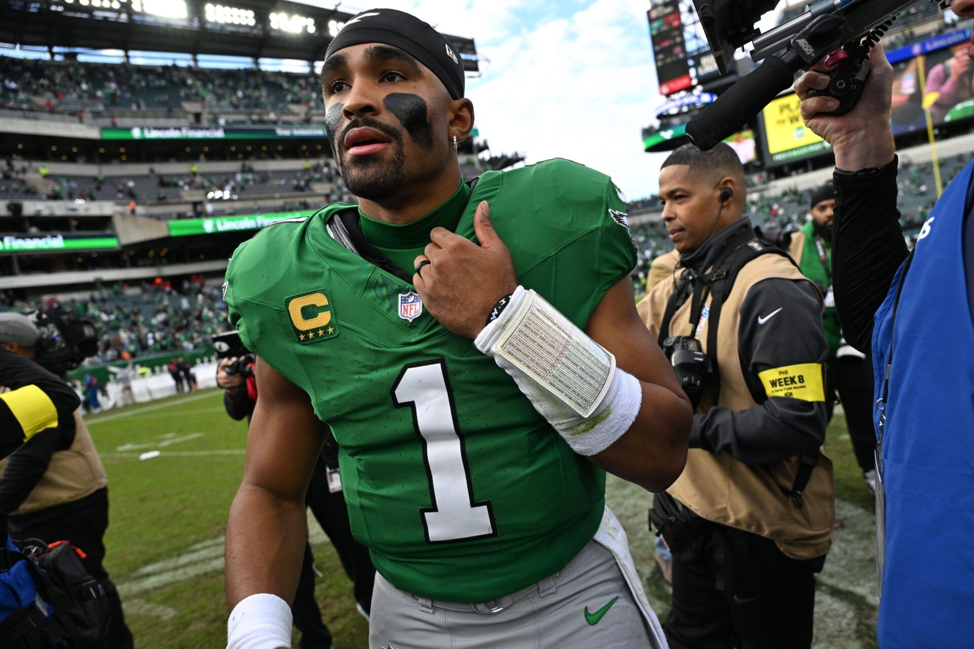 Philadelphia Eagles quarterback Jalen Hurts (1) reacts after the game against the New York Giants at Lincoln Financial Field.