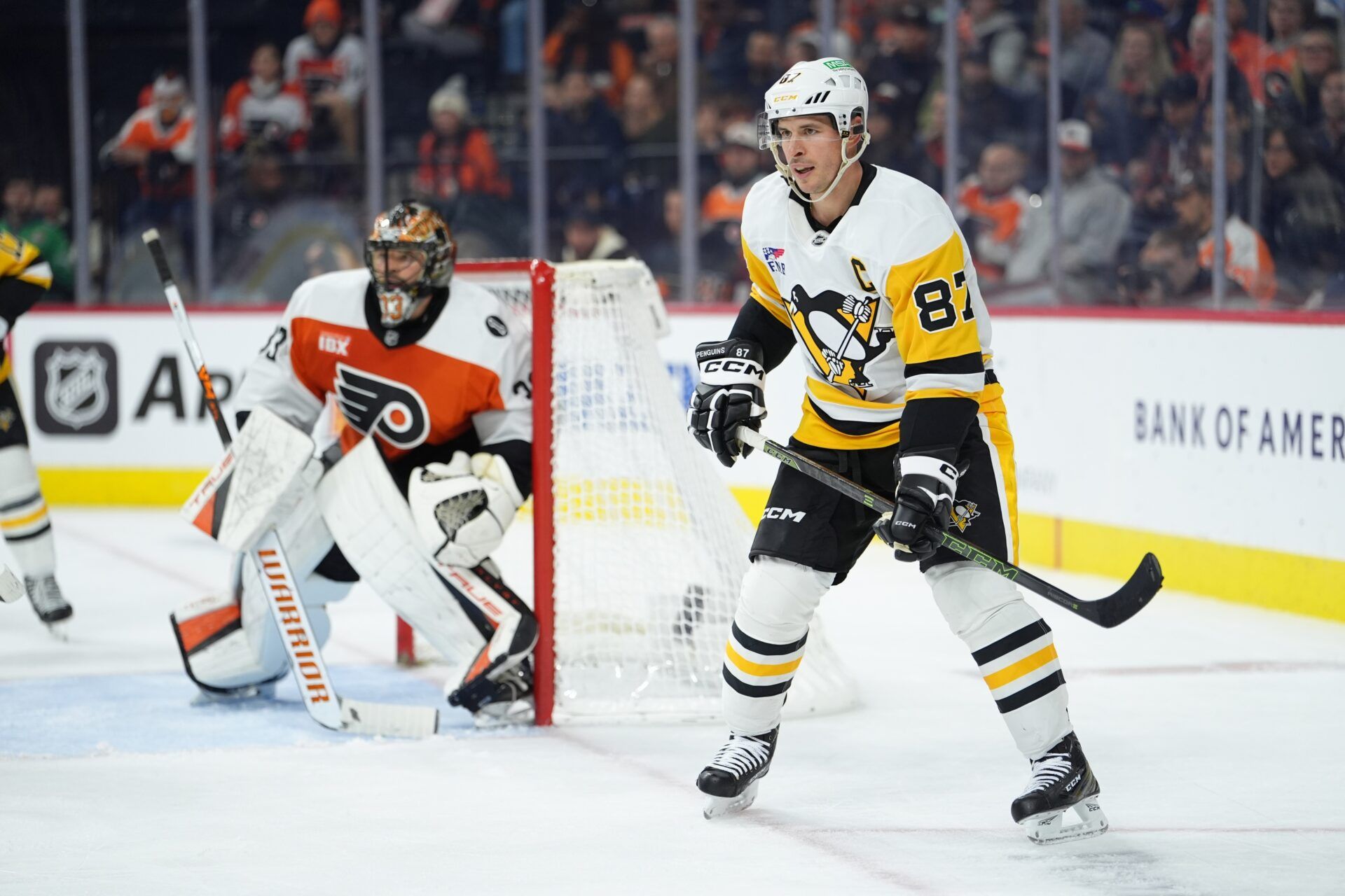 Pittsburgh Penguins center Sidney Crosby (87) in action against the Philadelphia Flyers in the second period at Xfinity Mobile Arena.
