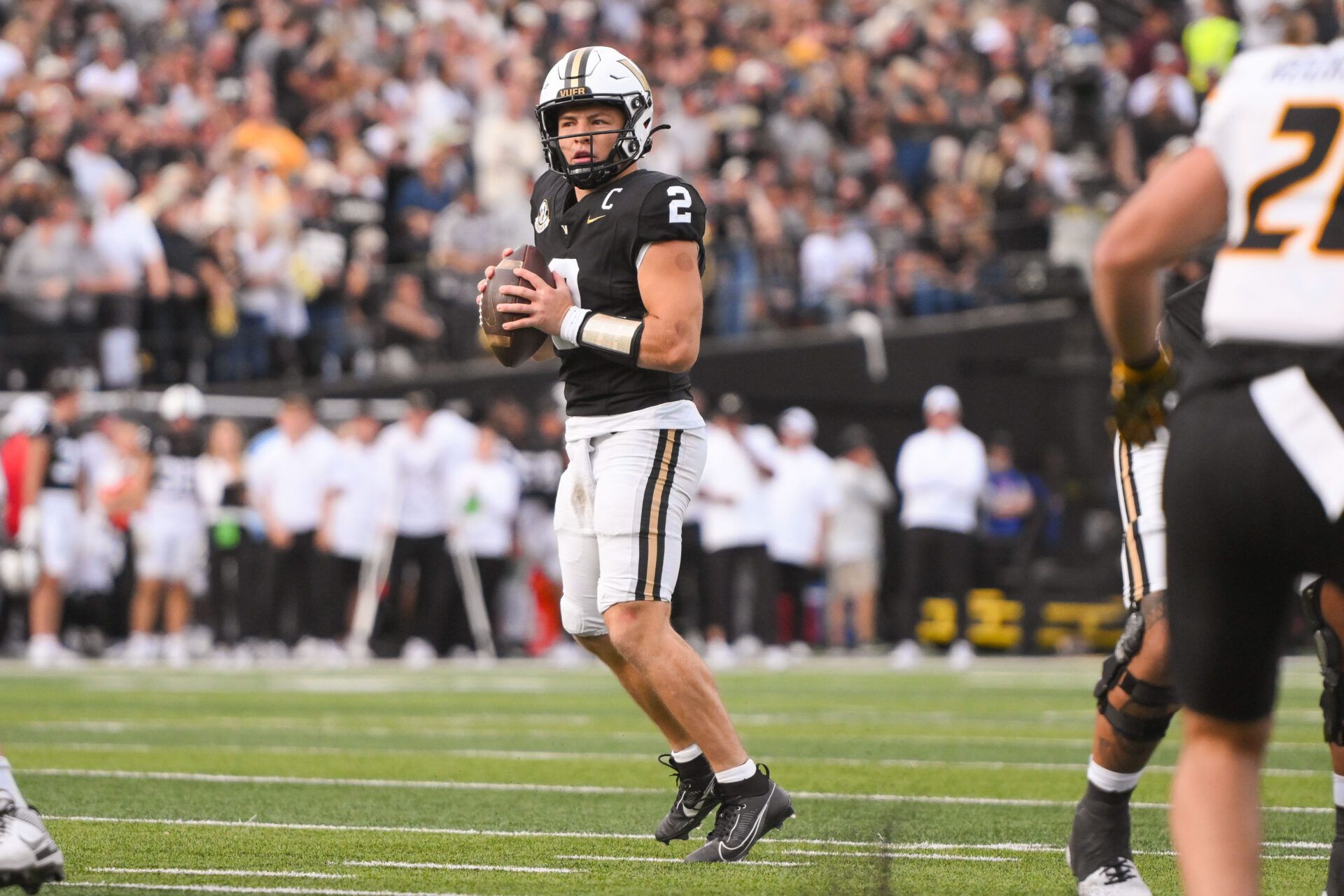 Vanderbilt Commodores quarterback Diego Pavia (2) looks down field for an available receiver against the Missouri Tigers during the first half at FirstBank Stadium.