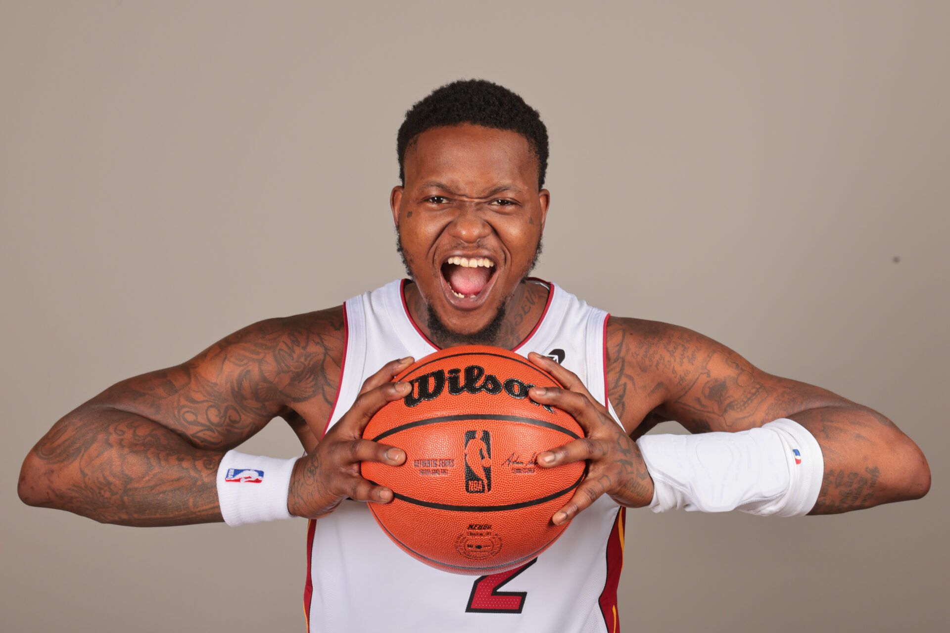 Miami Heat guard Terry Rozier (2) poses for a photo during media day at Kaseya Center.