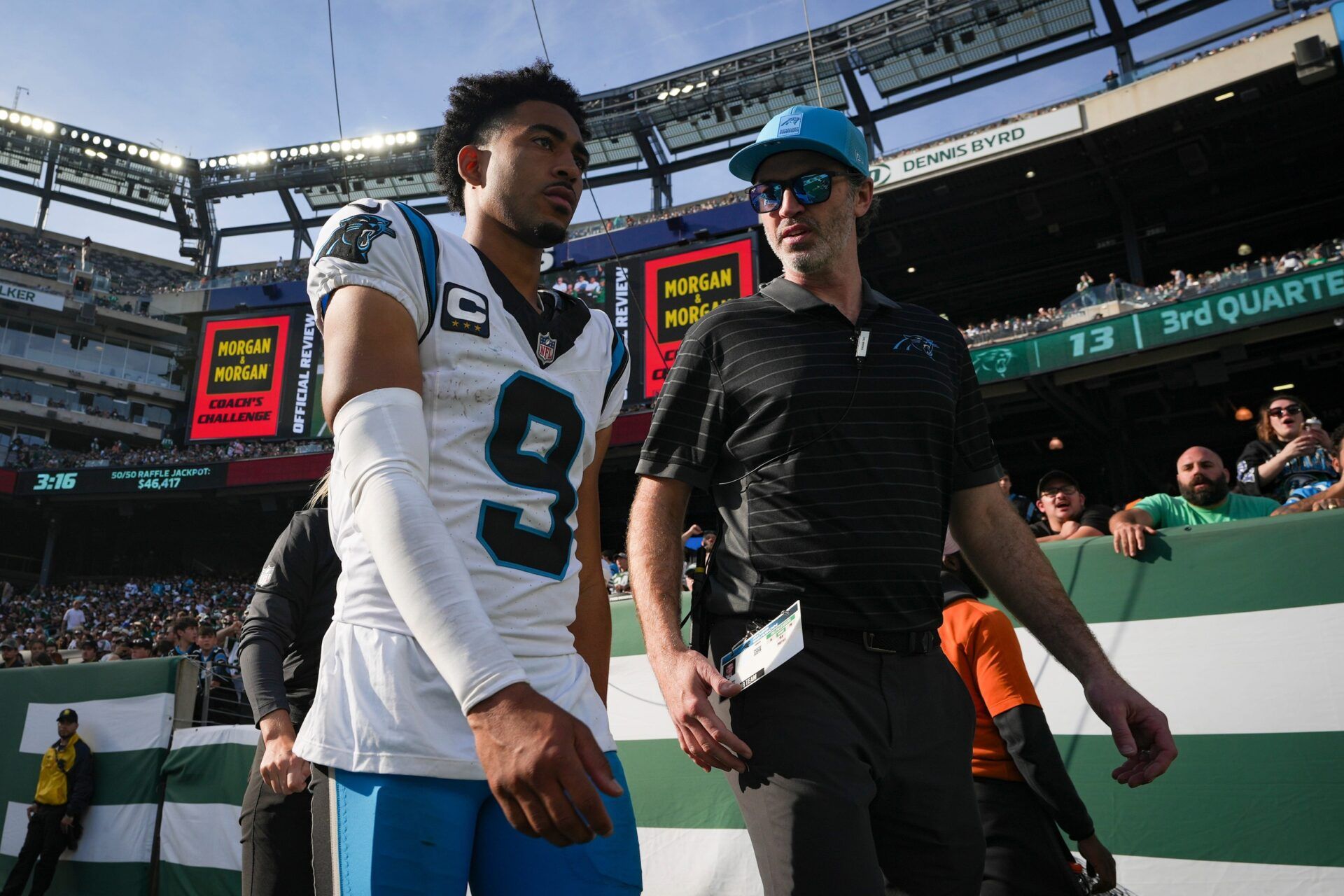 Carolina Panthers quarterback Bryce Young (9) walks out of MetLife Stadium during a game against the New York Jets, Oct 19, 2025, East Rutherford, NJ, USA.