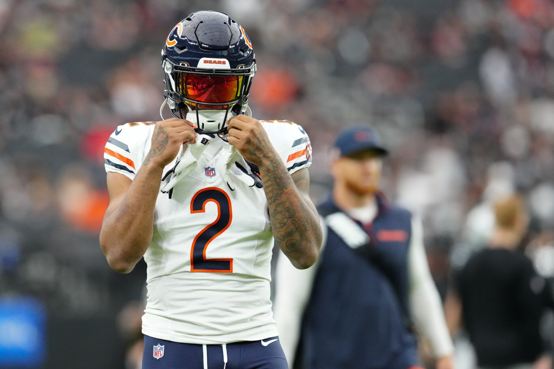 Chicago Bears wide receiver DJ Moore (2) warms up prior to the game against the Las Vegas Raiders at Allegiant Stadium.