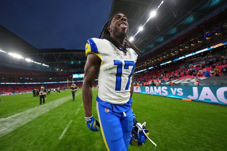 Los Angeles Rams wide receiver Davante Adams (17) celebrates as he walks off the field after their win against the Jacksonville Jaguars in an NFL International Series game at Wembley Stadium.
