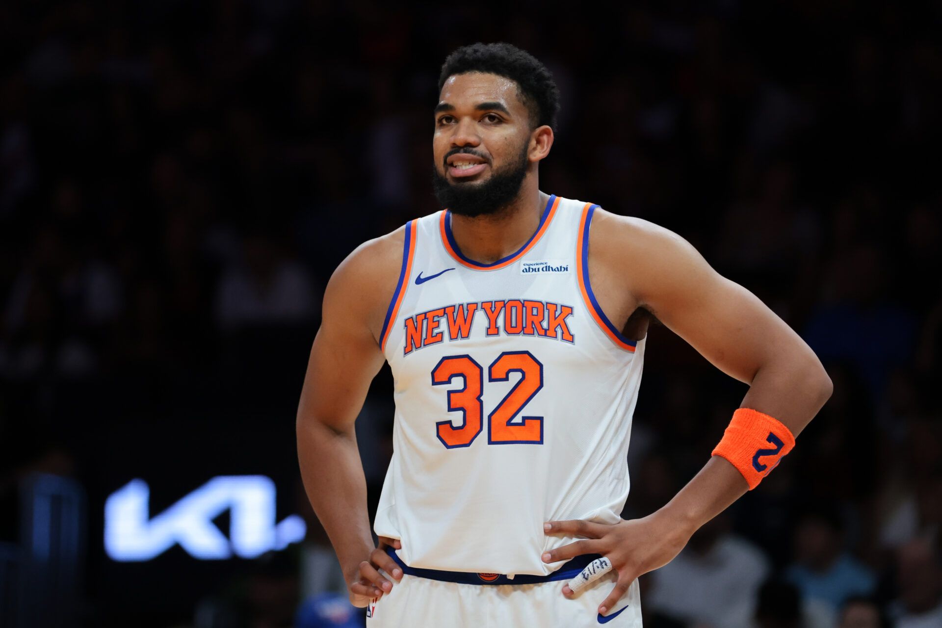 New York Knicks center Karl-Anthony Towns (32) looks on against the Miami Heat during the first quarter at Kaseya Center.