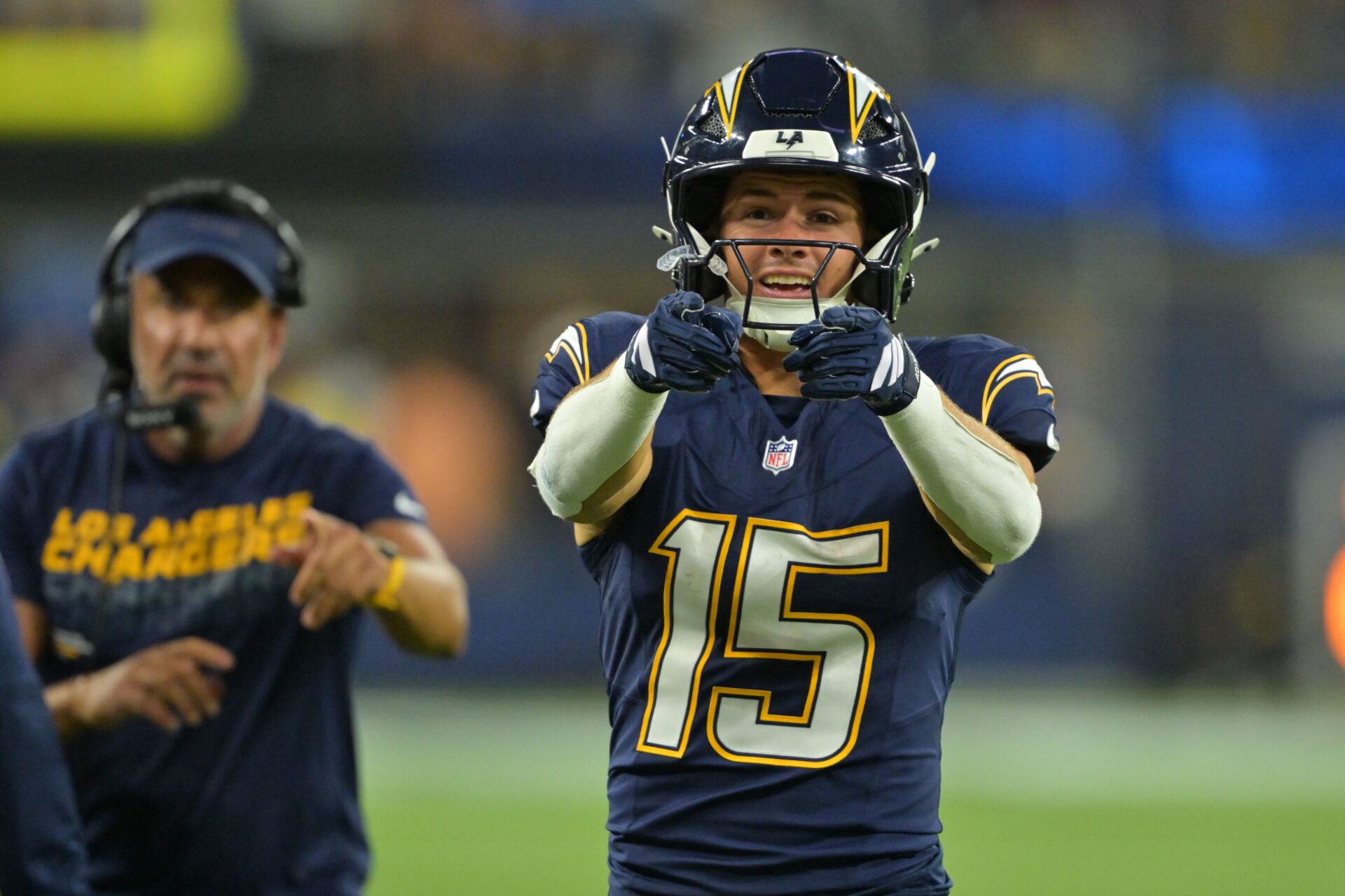 Los Angeles Chargers wide receiver Ladd McConkey (15) reacts against the Minnesota Vikings during the second half at SoFi Stadium.