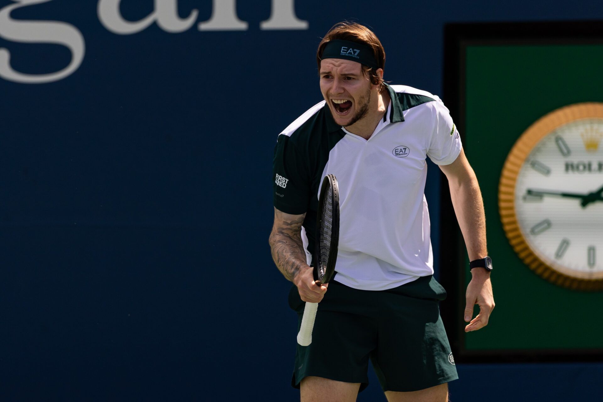 Alexander Bublik of Kazakhstan in action against Marin Cilic of Croatia in the first round of the mens singles at the US Open at Billie Jean King National Tennis Centre.