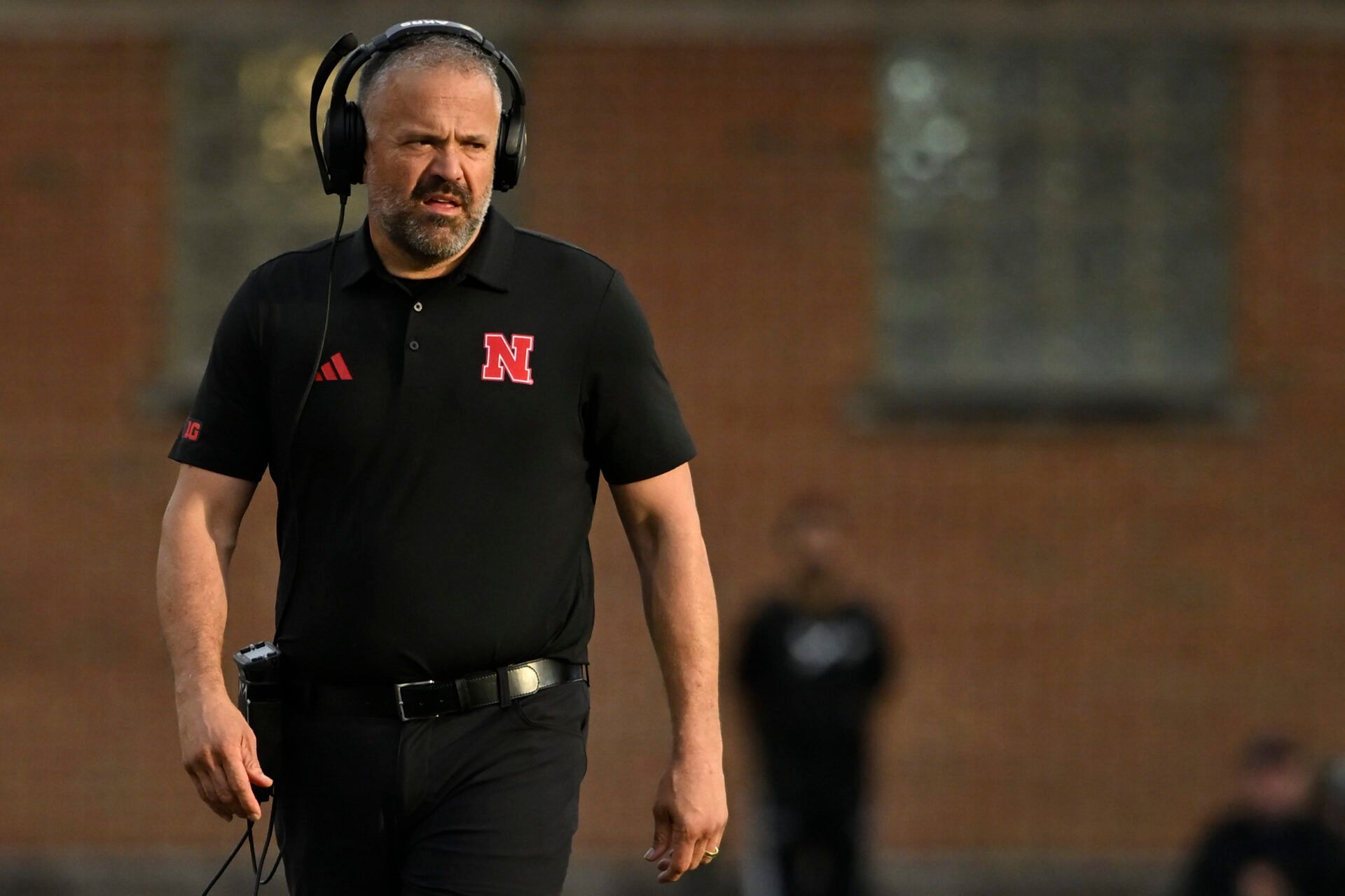 Nebraska Cornhuskers head coach Matt Rhule walks along the sidelines during the second  half against the Maryland Terrapins at SECU Stadium.
