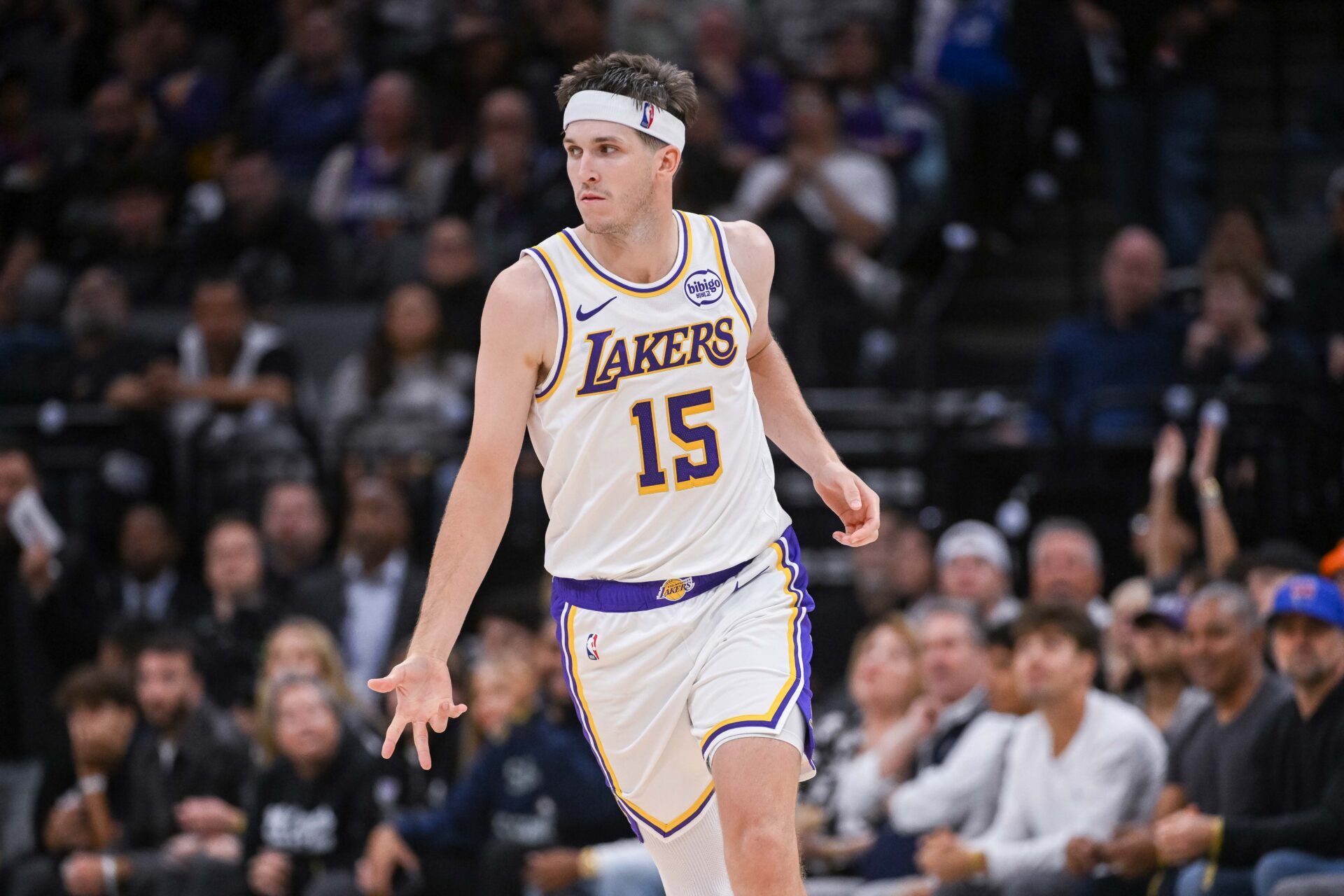 Los Angeles Lakers guard Austin Reaves (15) reacts after making a three point shot against the Sacramento Kings during the fourth quarter at Golden 1 Center.