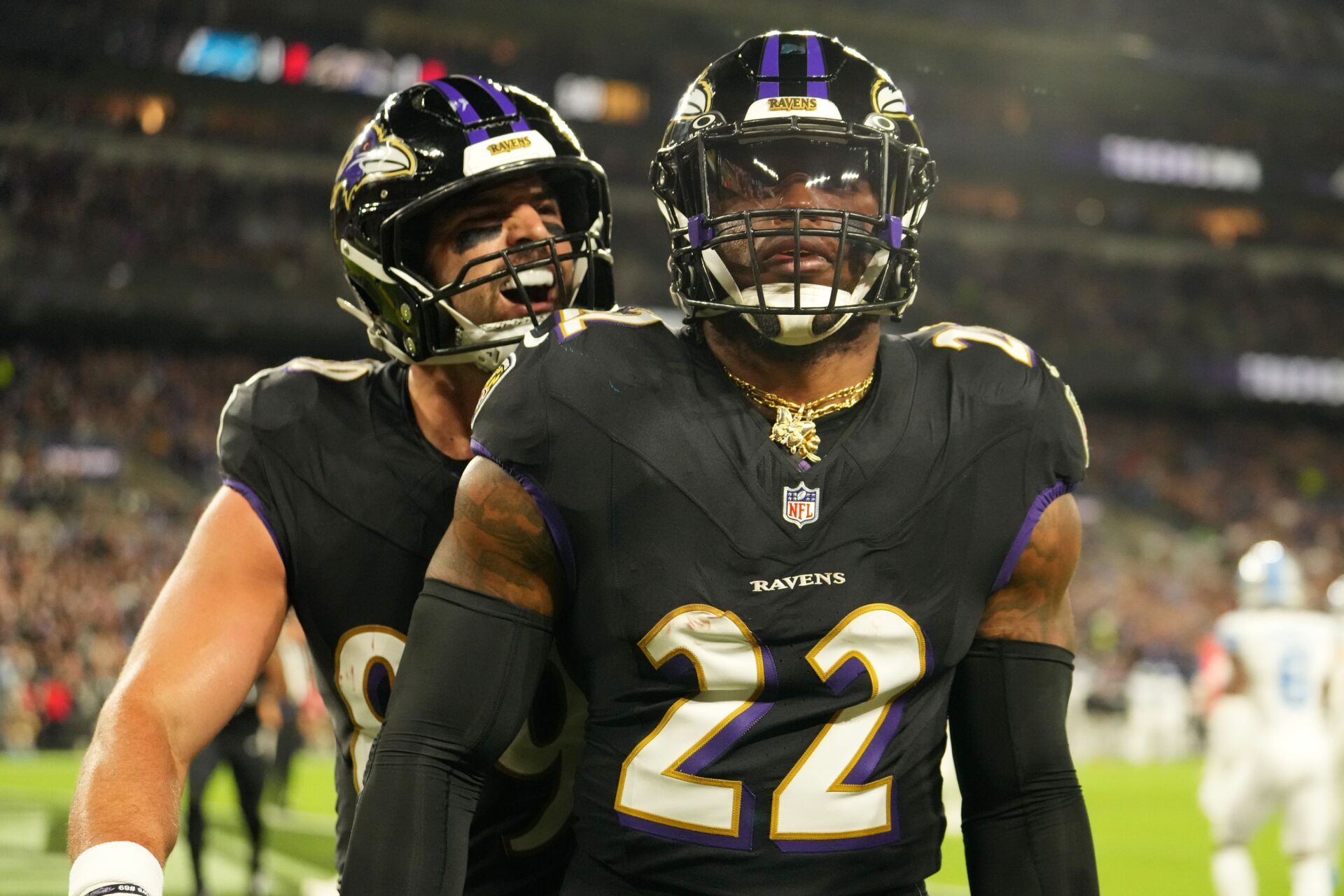 Baltimore Ravens running back Derrick Henry (22) reacts after rushing for a touchdown against the Detroit Lions during the first half at M&T Bank Stadium.
