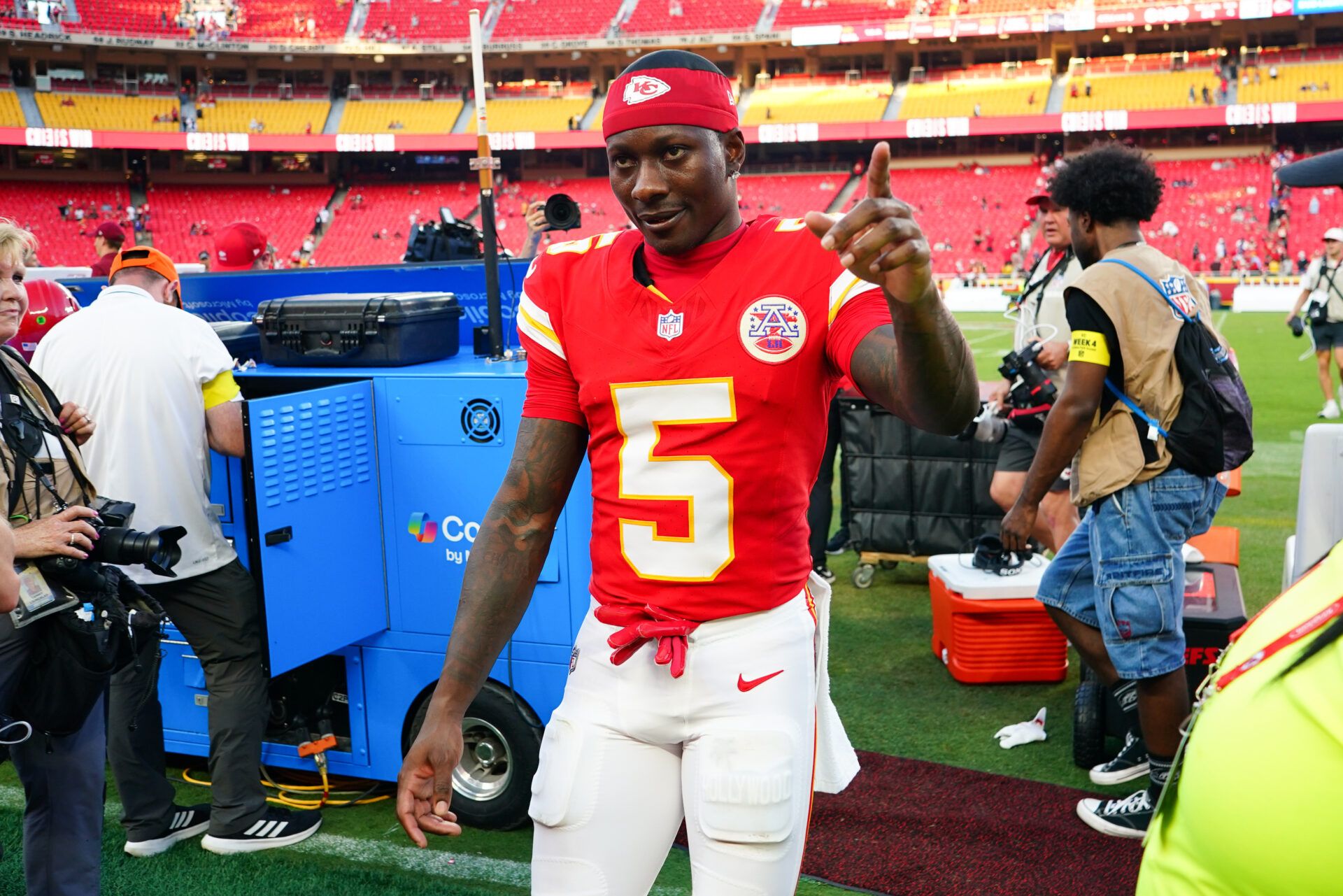 Kansas City Chiefs wide receiver Hollywood Brown (5) celebrates after the game against the Baltimore Ravens at GEHA Field at Arrowhead Stadium.