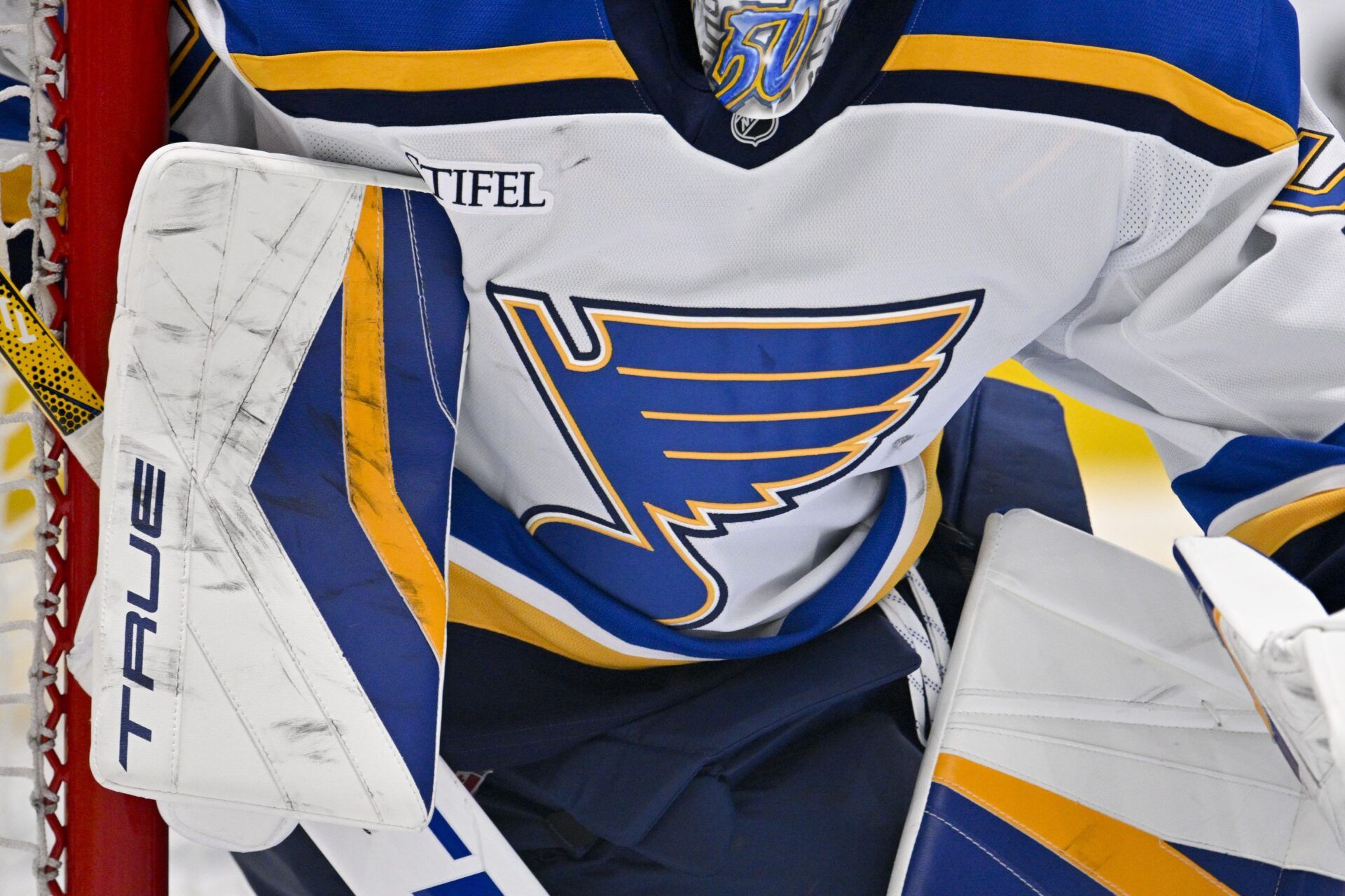 A view of the logo on the jersey of St. Louis Blues goaltender Jordan Binnington (50) during the game between the Dallas Stars and the St. Louis Blues at the American Airlines Center.