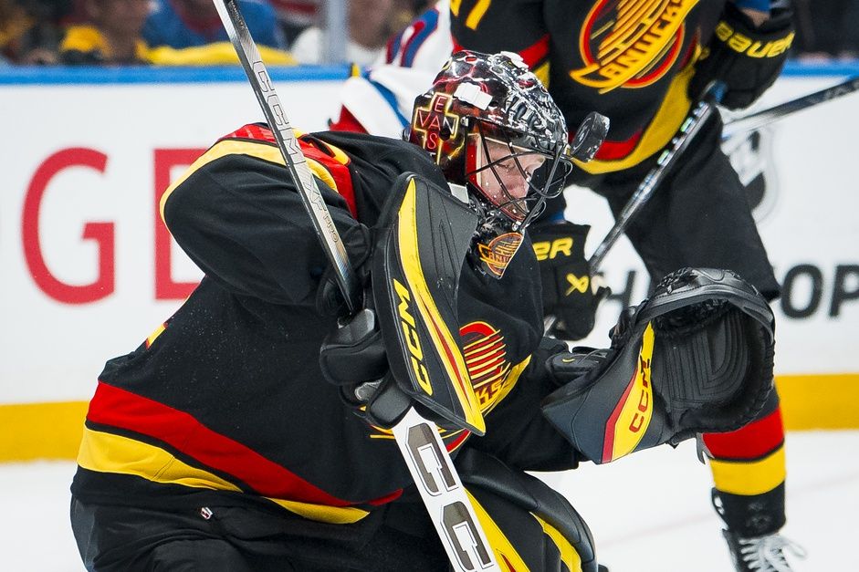 Vancouver Canucks goalie Thatcher Demko (35) makes a save against the New York Rangers in the third period at Rogers Arena.