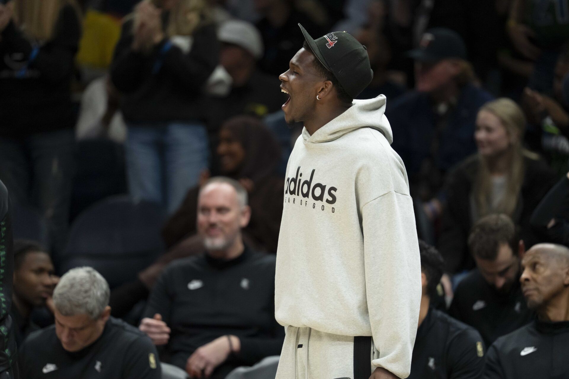 Minnesota Timberwolves guard Anthony Edwards reacts against the Los Angeles Lakers in the second half at Target Center.