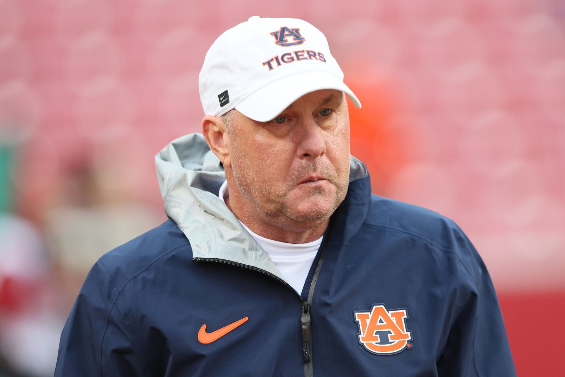 Auburn Tigers head coach Hugh Freeze prior to the game against the Arkansas Razorbacks at Donald W. Reynolds Razorback Stadium.