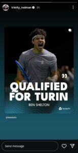 Trinity Rodman's Instagram story celebrating Ben Shelton's ATP Finals qualification