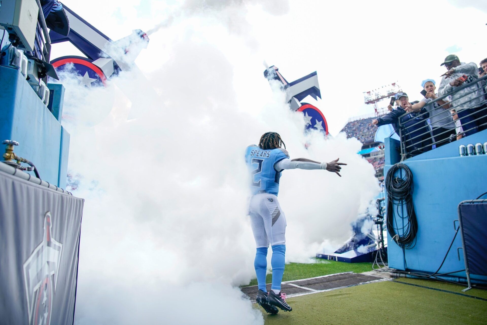 Tennessee Titans running back Tyjae Spears (2) heads out before the game against the New England Patriots at Nissan Stadium in Nashville, Tenn., Sunday, Oct. 19, 2025.