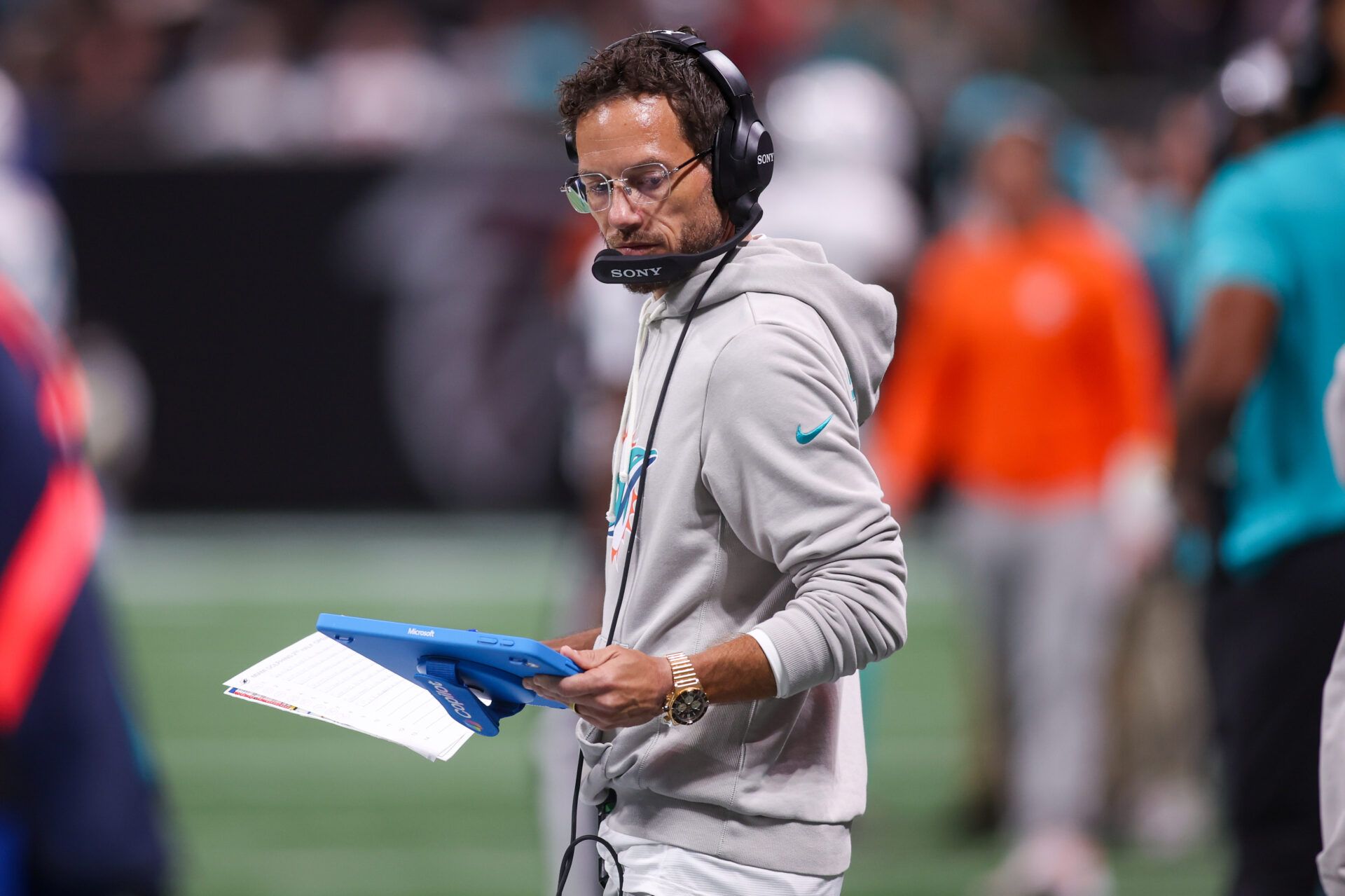 Miami Dolphins head coach Mike McDaniel on the sideline against the Atlanta Falcons in the third quarter at Mercedes-Benz Stadium.