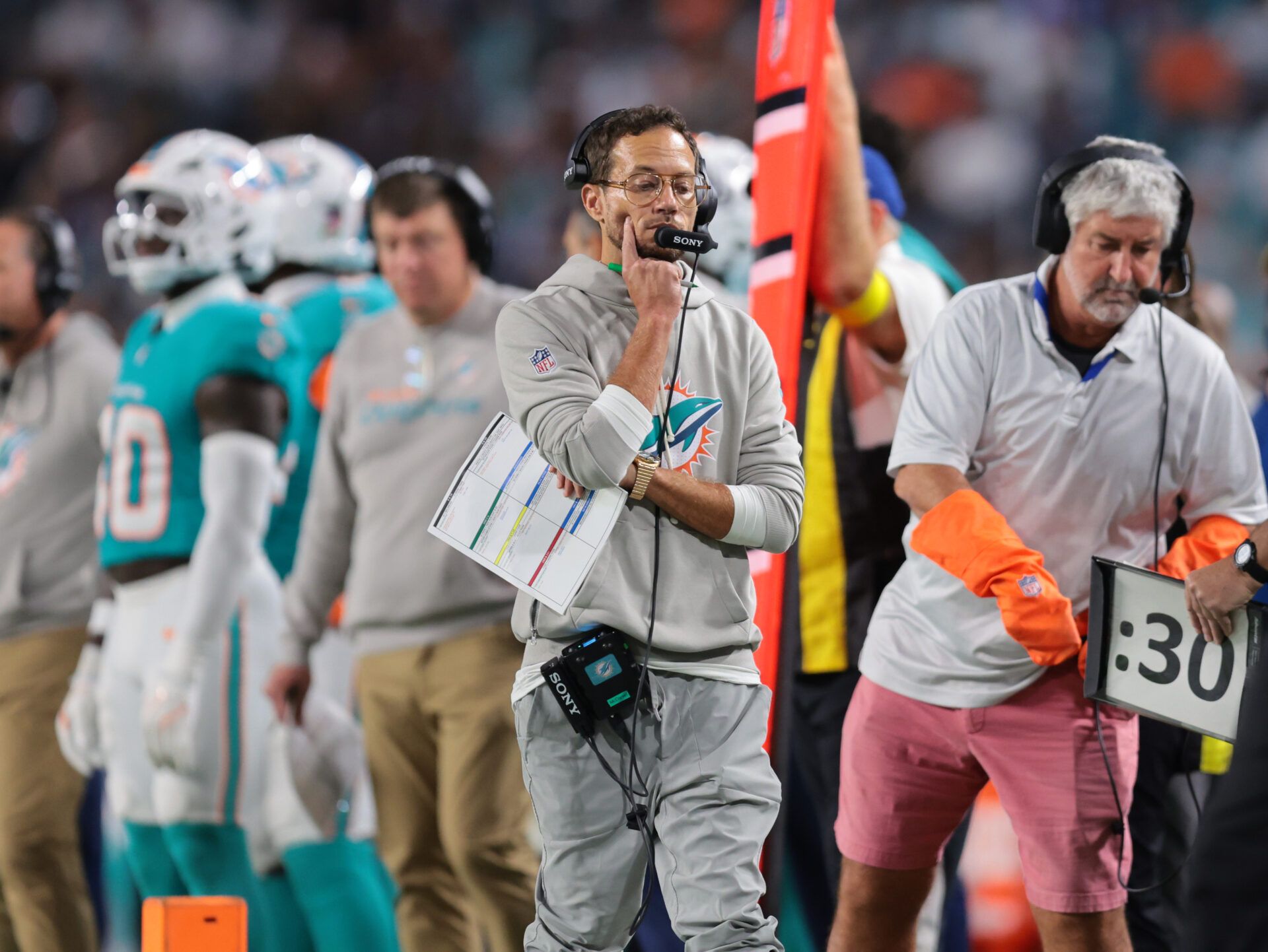 Miami Dolphins head coach Mike McDaniel stands on the sidelines during the second quarter against the Baltimore Ravens at Hard Rock Stadium.