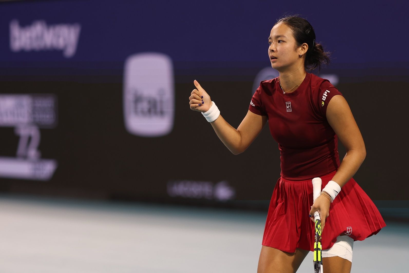 Alexandra Eala (PHL) gestures after falling against Jessica Pegula (USA)(not pictured) in a women's singles semifinal on day ten of the Miami Open at Hard Rock Stadium.