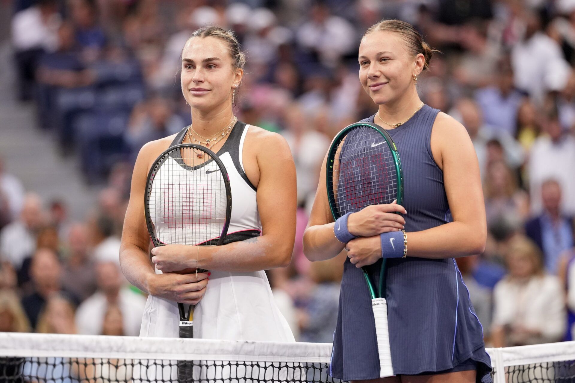 Aryna Sabalenka and Amanda Anisimova (USA) pose for a photo prior to the women's singles final of the 2025 US Open tennis championships at Billie Jean King National Tennis Center.