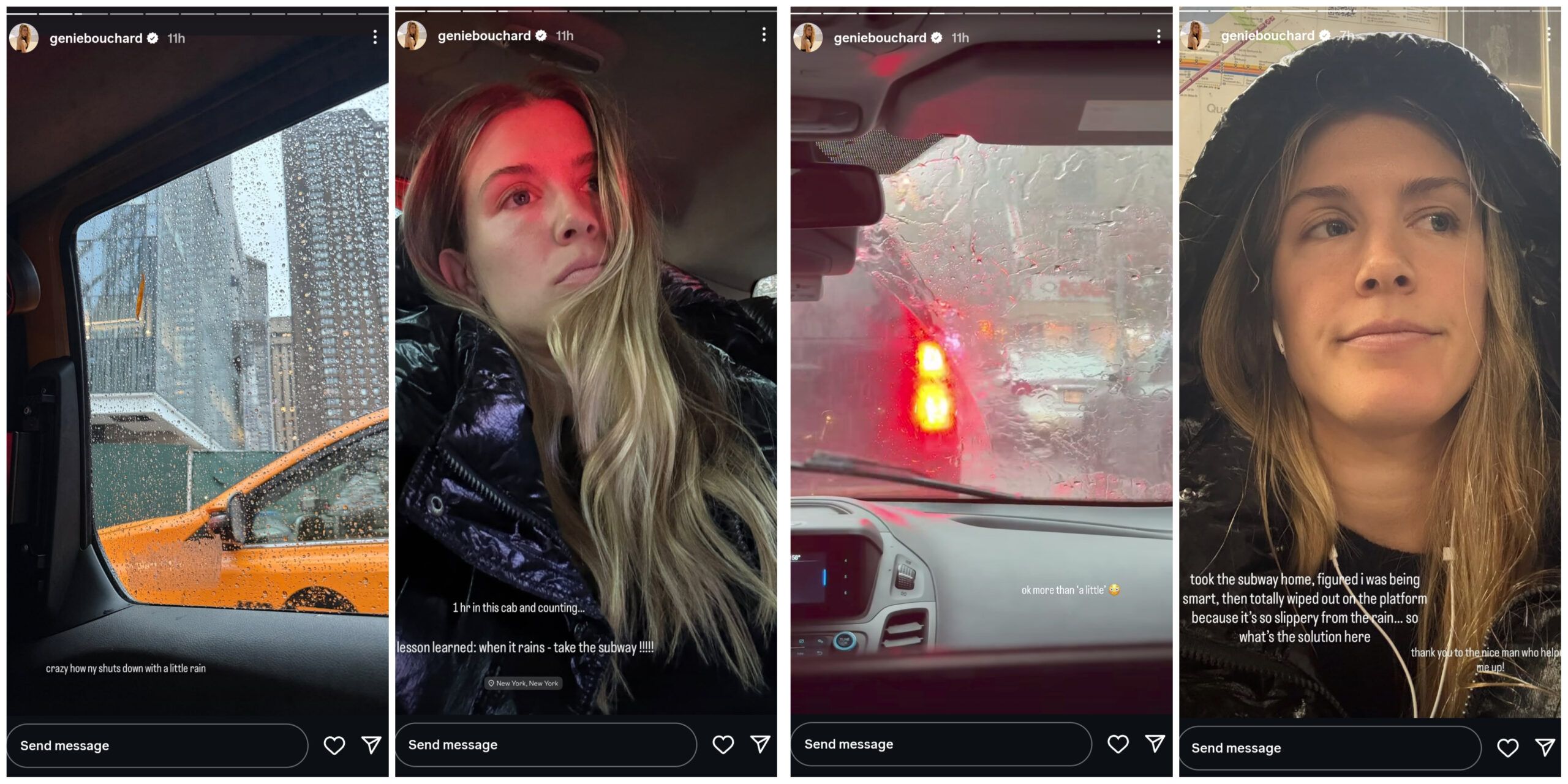 Eugenie Bouchard Chronicles Her Distressing Journey After Being Stuck in New York City Rain Screen grab of Eugenie Bouchard's Instagram stories