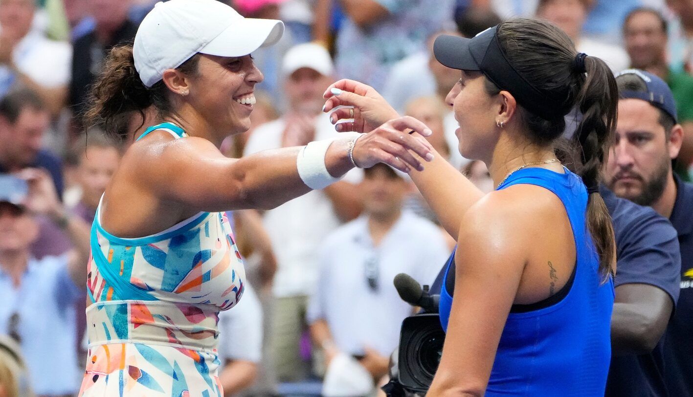 Flushing, NY, USA; 
Madison Keys of the USA (left) after beating Jessica Pegula of the USA on day eight of the 2023 U.S. Open tennis tournament at USTA Billie Jean King National Tennis Center.