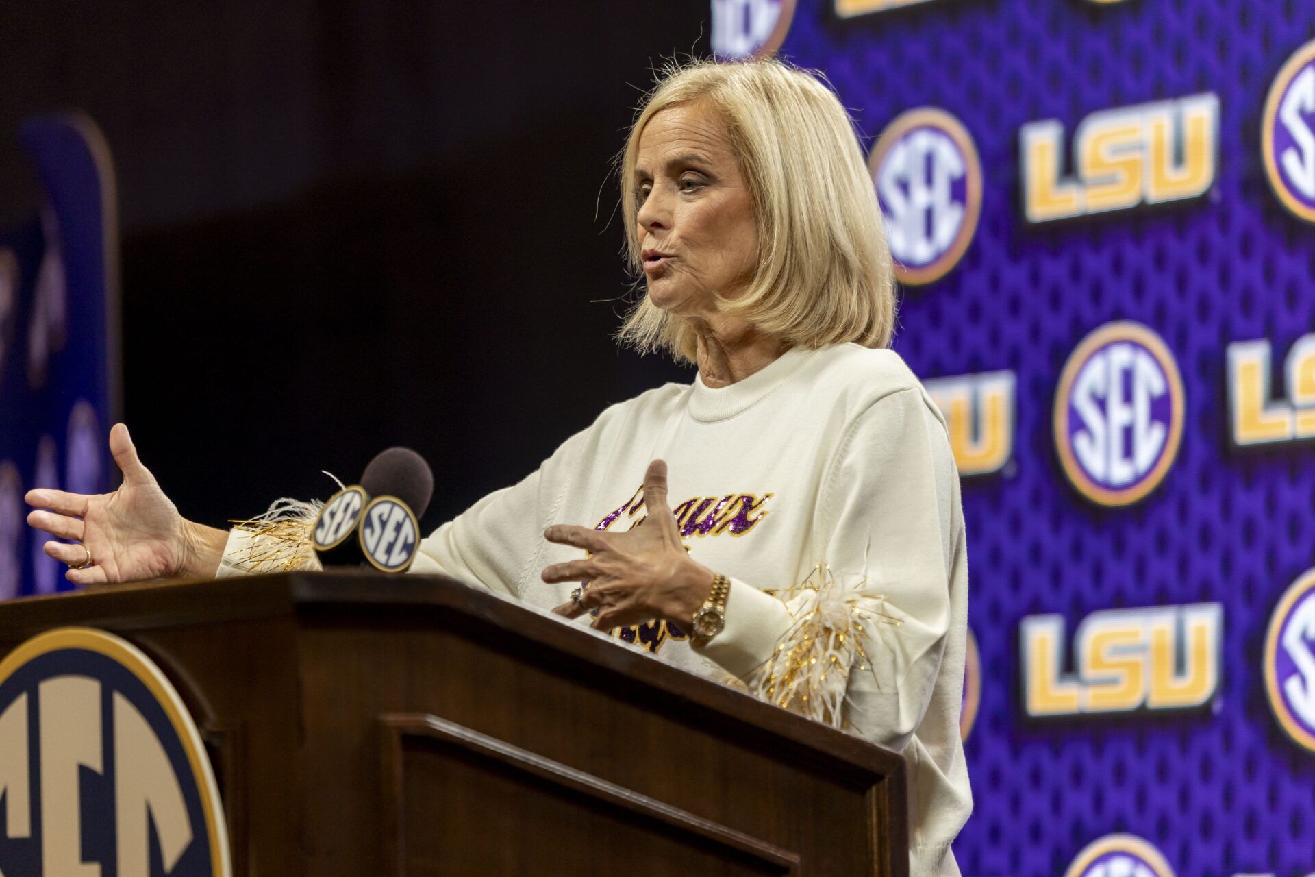 LSU Tigers head coach Kim Mulkey talks with the media during SEC Media Days at Grand Bohemian Hotel.