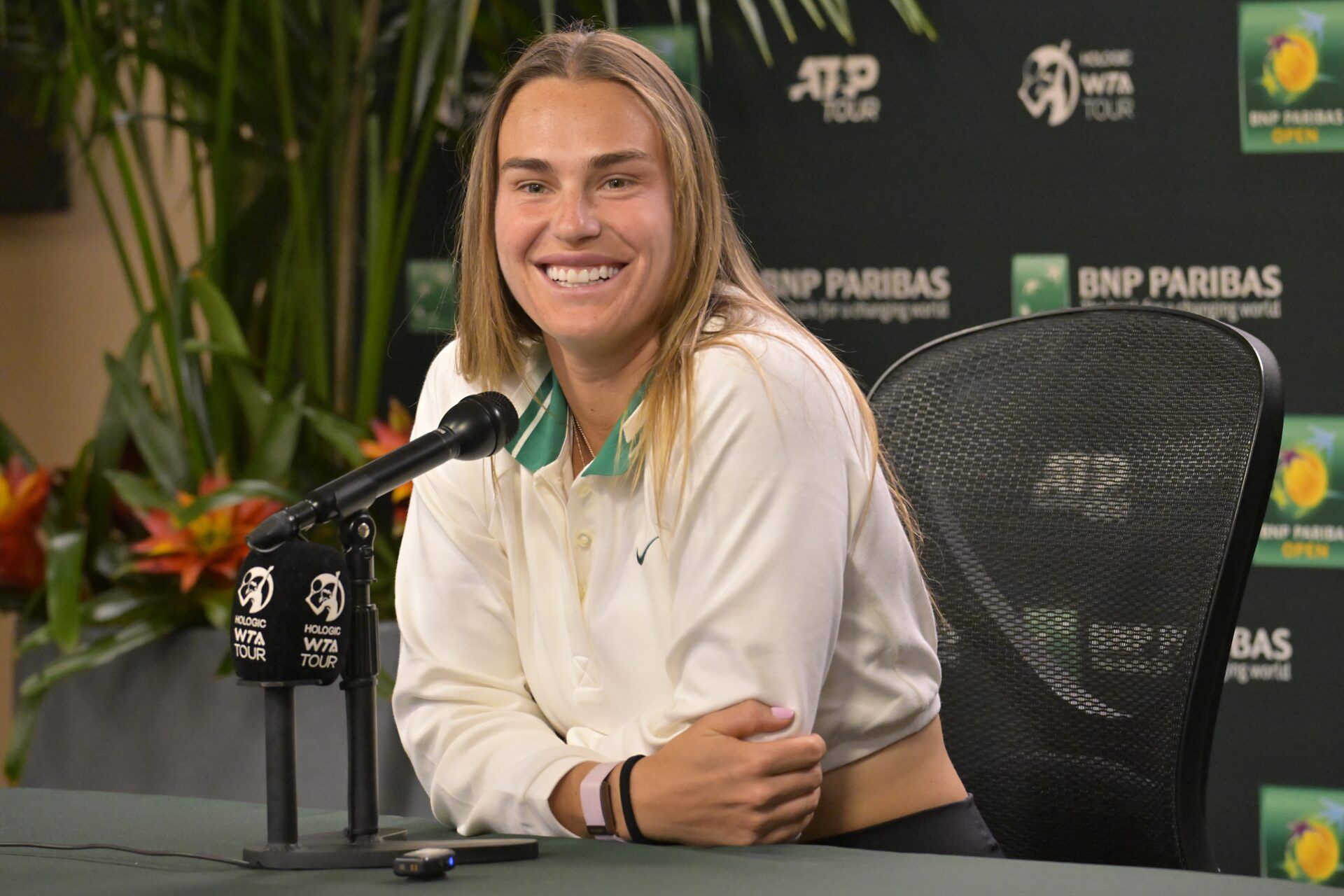 Aryna Sabalenka answers questions from the media during a press conference during the BNP Paribas Open at the Indian Wells Tennis Garden.