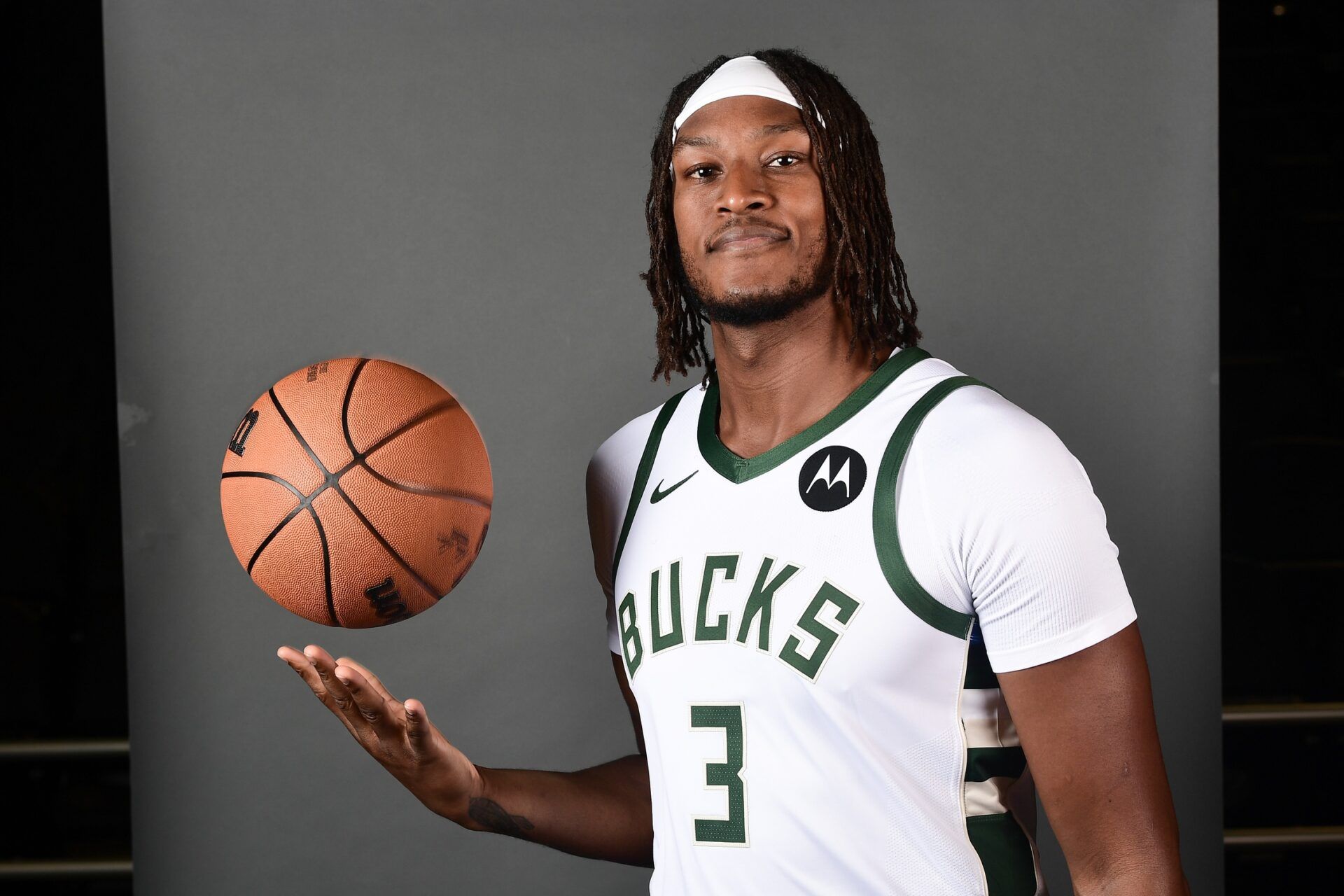 Milwaukee Bucks center Myles Turner (3) poses for a picture during Milwaukee Bucks Media Day at the Fiserv Forum.