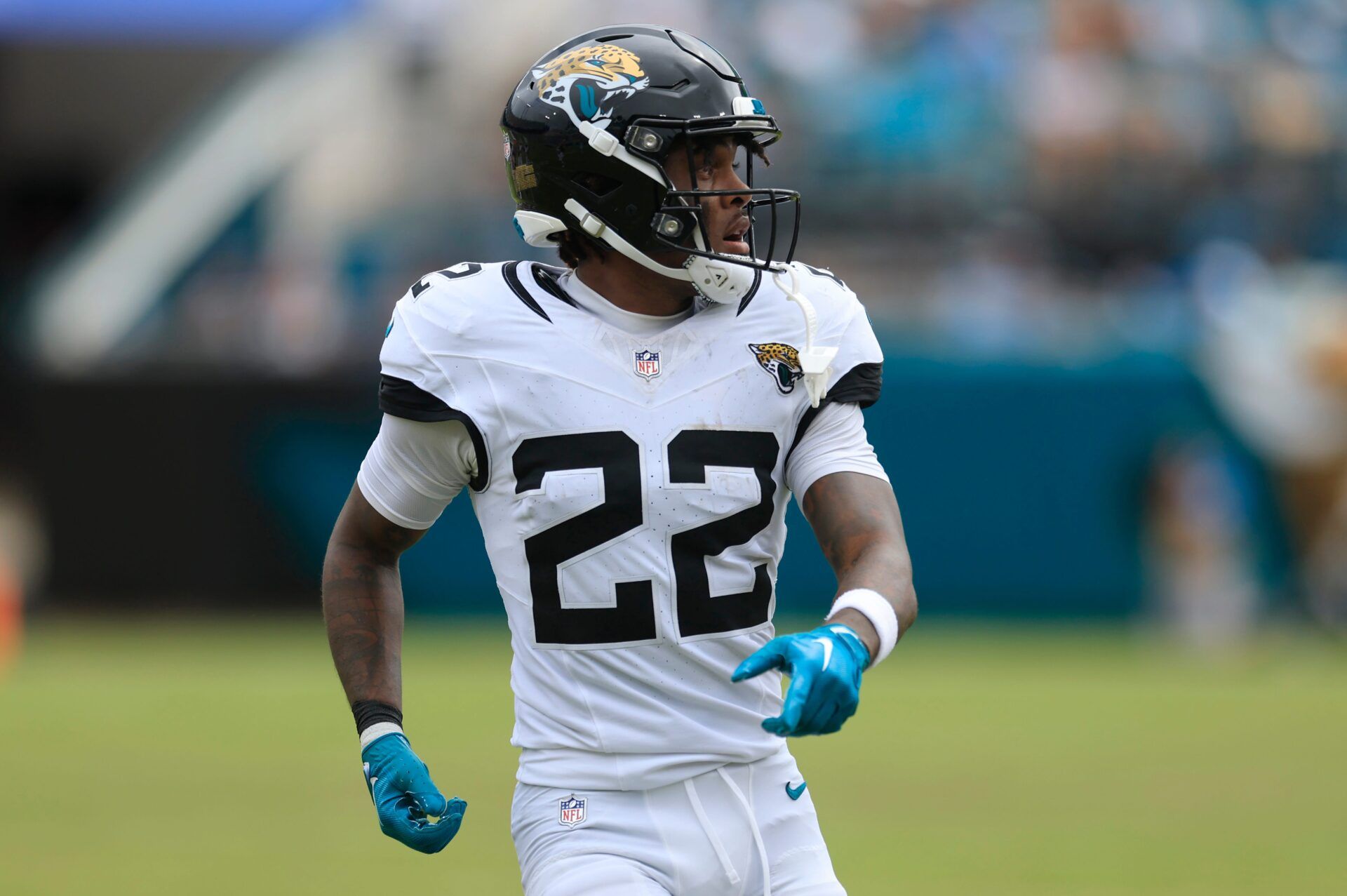Jacksonville Jaguars cornerback Jarrian Jones (22) looks on during the third quarter of an NFL football matchup Sunday, Sept. 15, 2024 at EverBank Stadium in Jacksonville, Fla. The Browns defeated the Jaguars 18-13. [Corey Perrine/Florida Times-Union]
