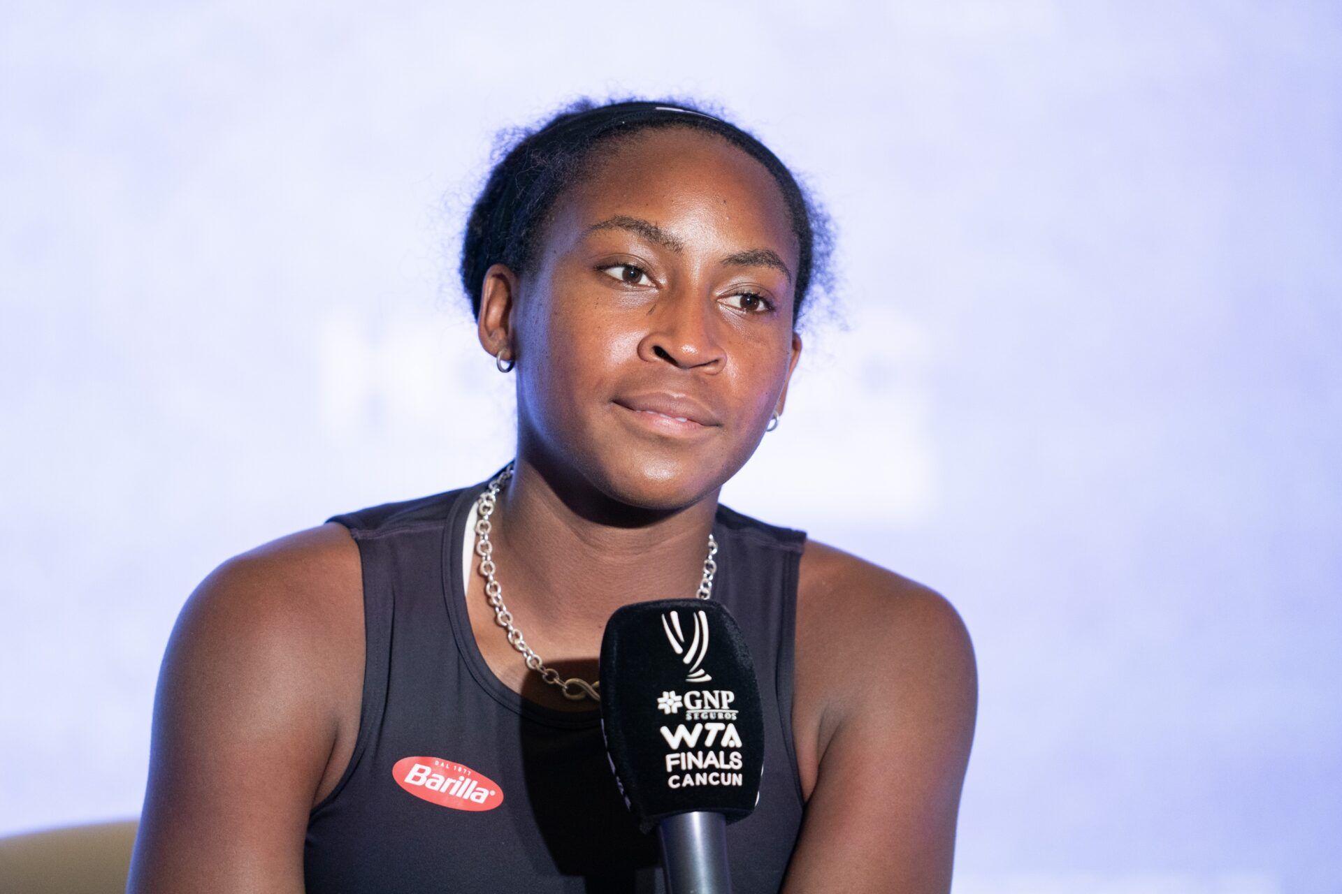 Cancun, Mexico; Coco Gauff (USA) at her press conference after her match against Marketa Vondrousova (CZE) on day six of the GNP Saguaros WTA Finals Cancun.