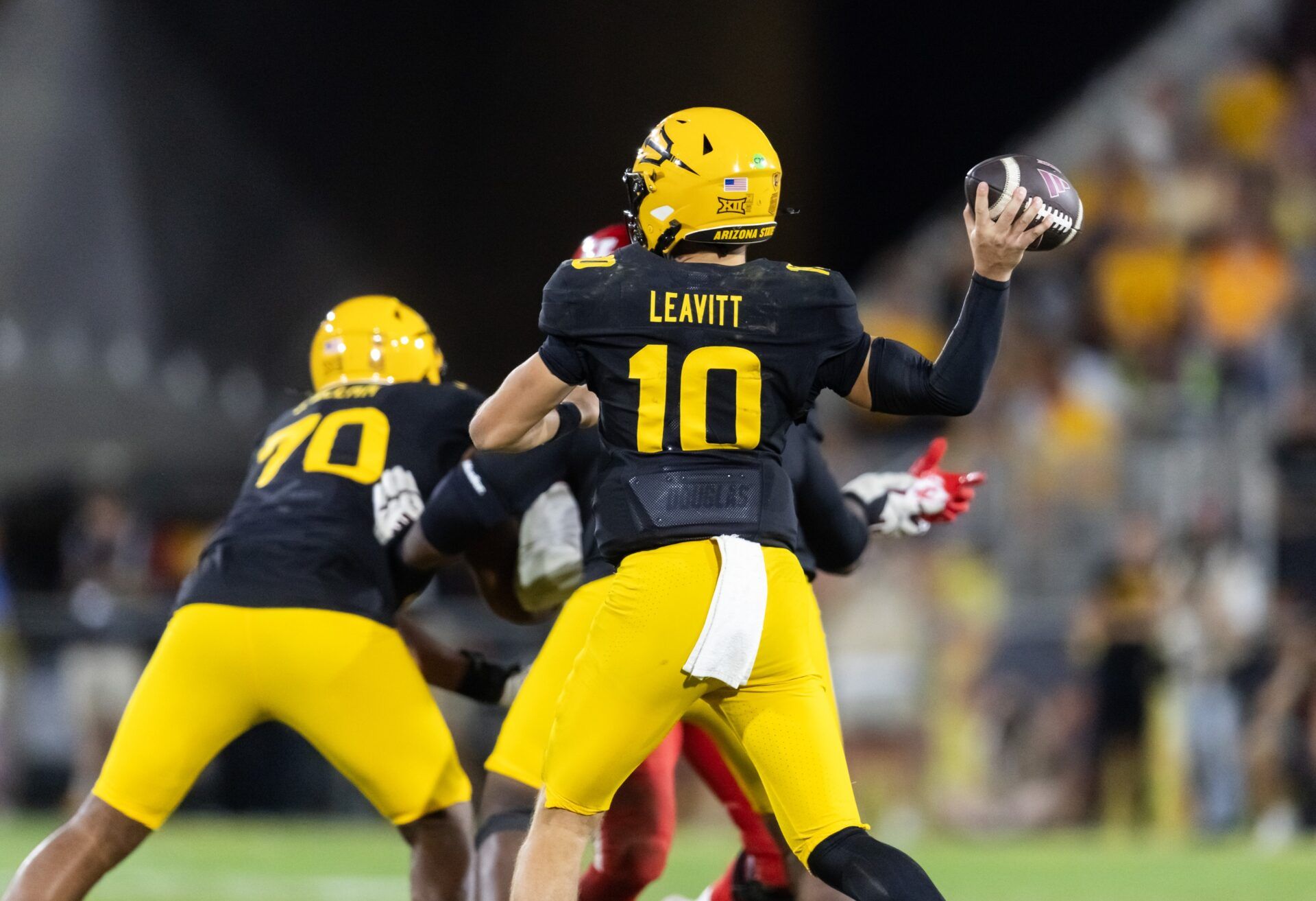 Detailed view of the jersey of Arizona State Sun Devils quarterback Sam Leavitt (10) against the Houston Cougars at Mountain America Stadium.