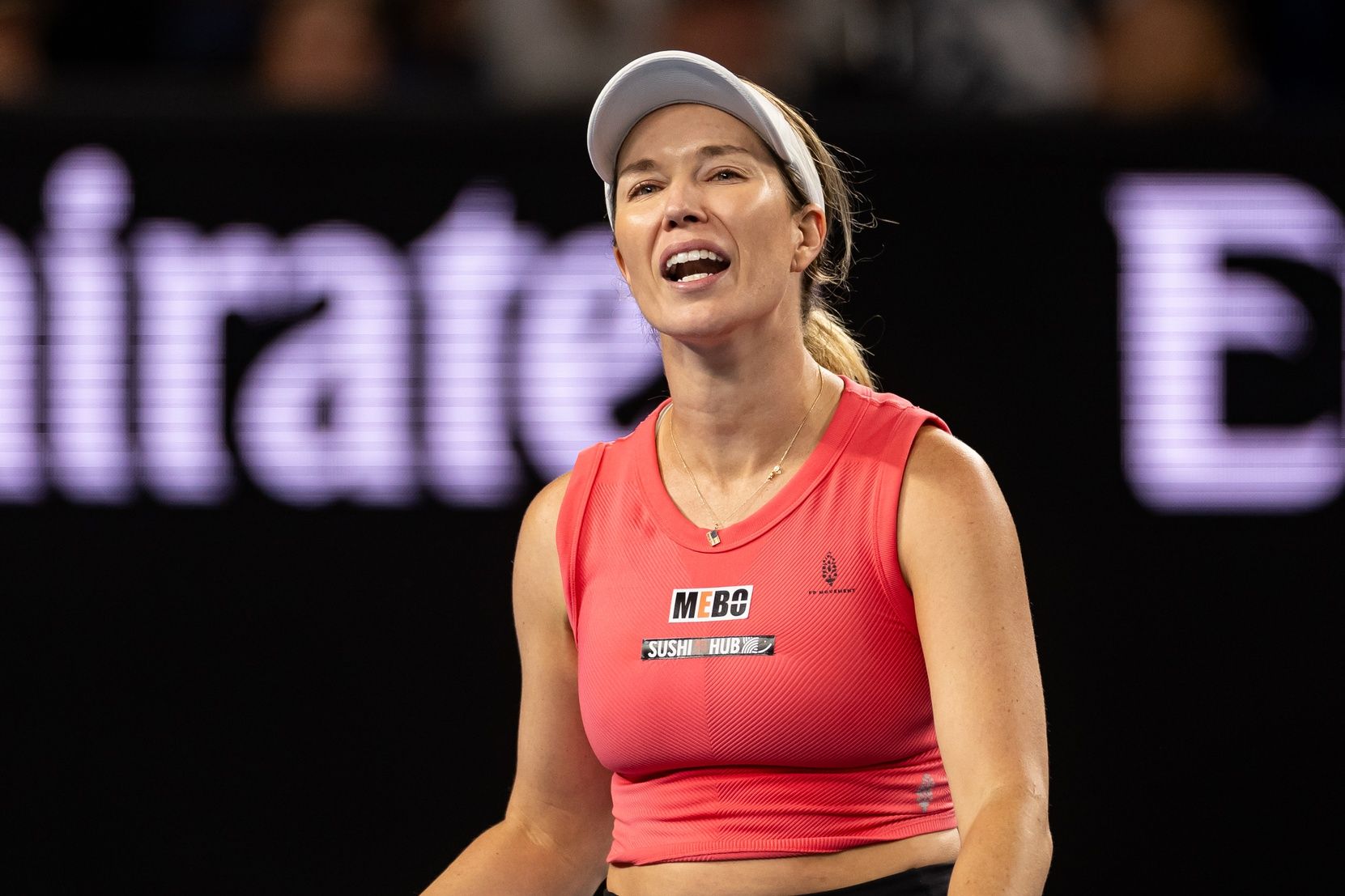 Melbourne, Victoria, Australia; Danielle Collins of United States of America gestures during her match against Destanee Aiava of Australia in the second round of the women's singles at the 2025 Australian Open at Melbourne Park.