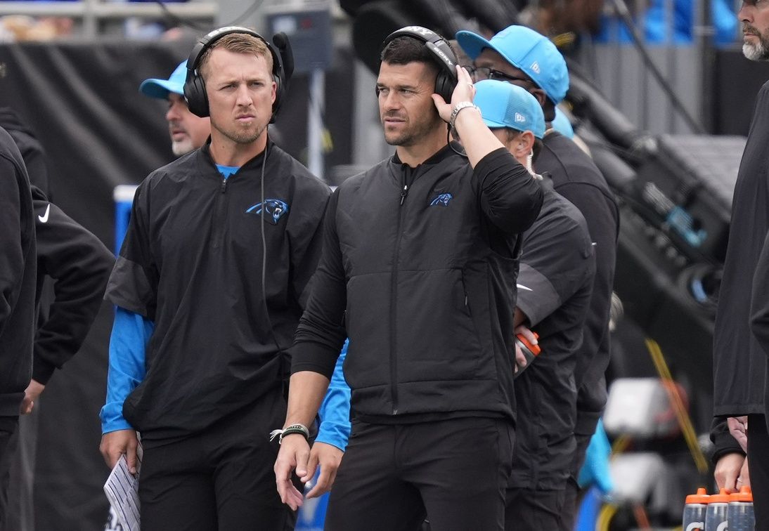 Carolina Panthers head coach Dave Canales during the second half against the Buffalo Bills at Bank of America Stadium.