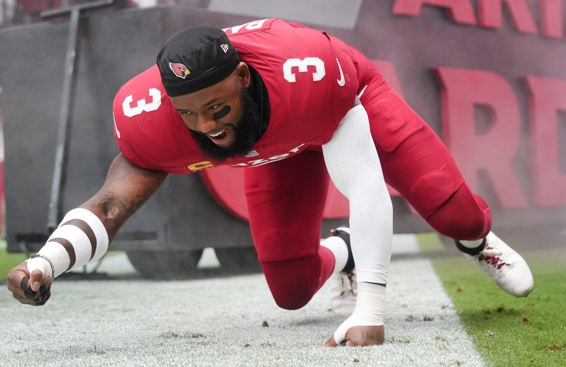 Arizona Cardinals safety Budda Baker (3) is introduced before their game against the Carolina Panthers at State Farm Stadium on Sept 14, 2025.