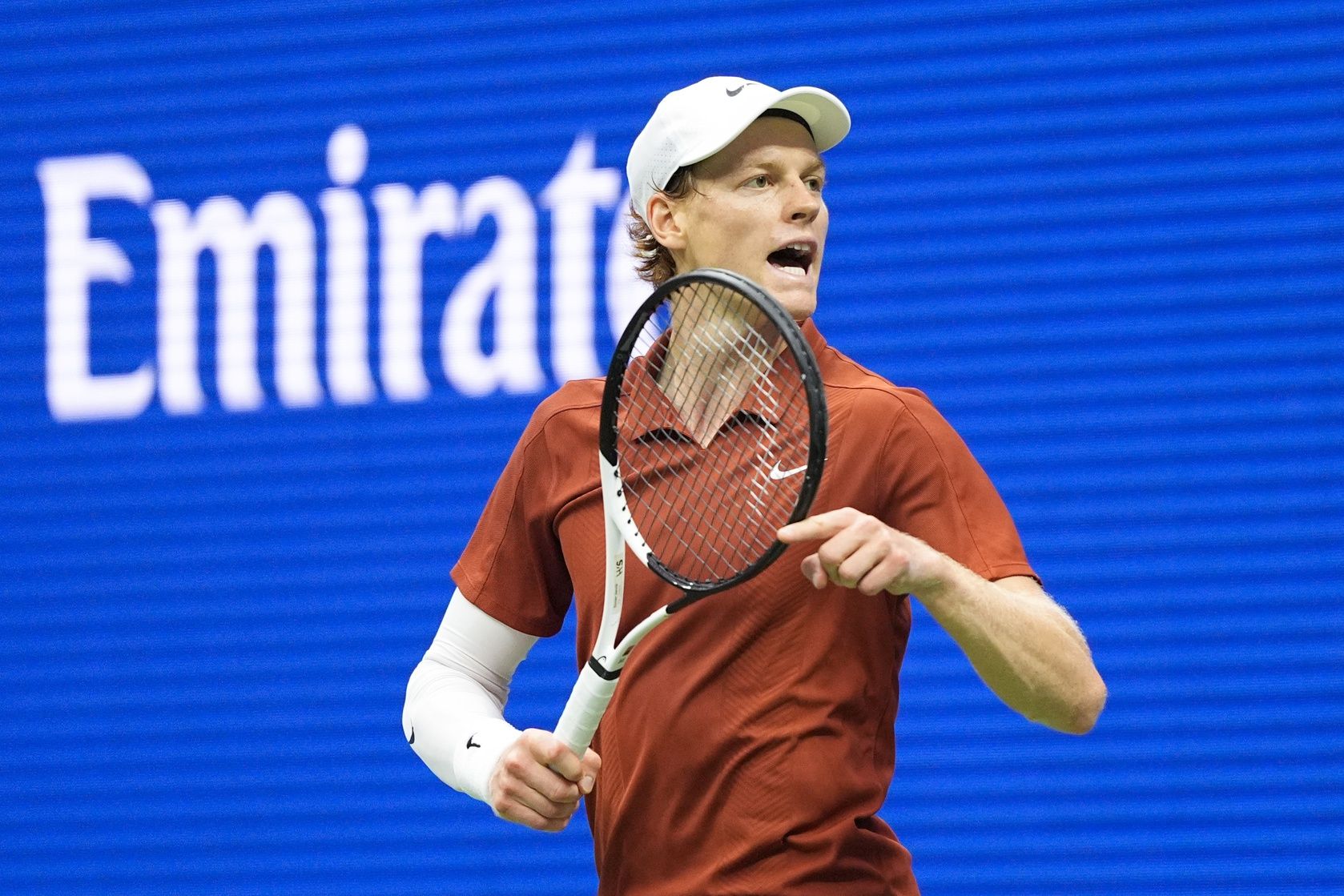 Jannik Sinner (ITA) reacts against Carlos Alcaraz (ESP) (not pictured) during the final of mens singles at Billie Jean King National Tennis Center.