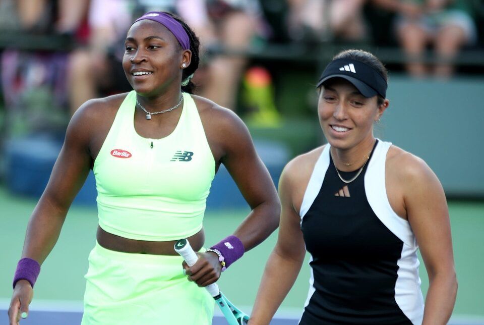 Coco Gauff and Jessica Pegula take on Desirae Krawczyk and Caroline Dolehide (not pictured) in their second-round doubles match on Stadium 3 at the BNP Paribas Open in Indian Wells, Calif., on Monday, March 11, 2024.