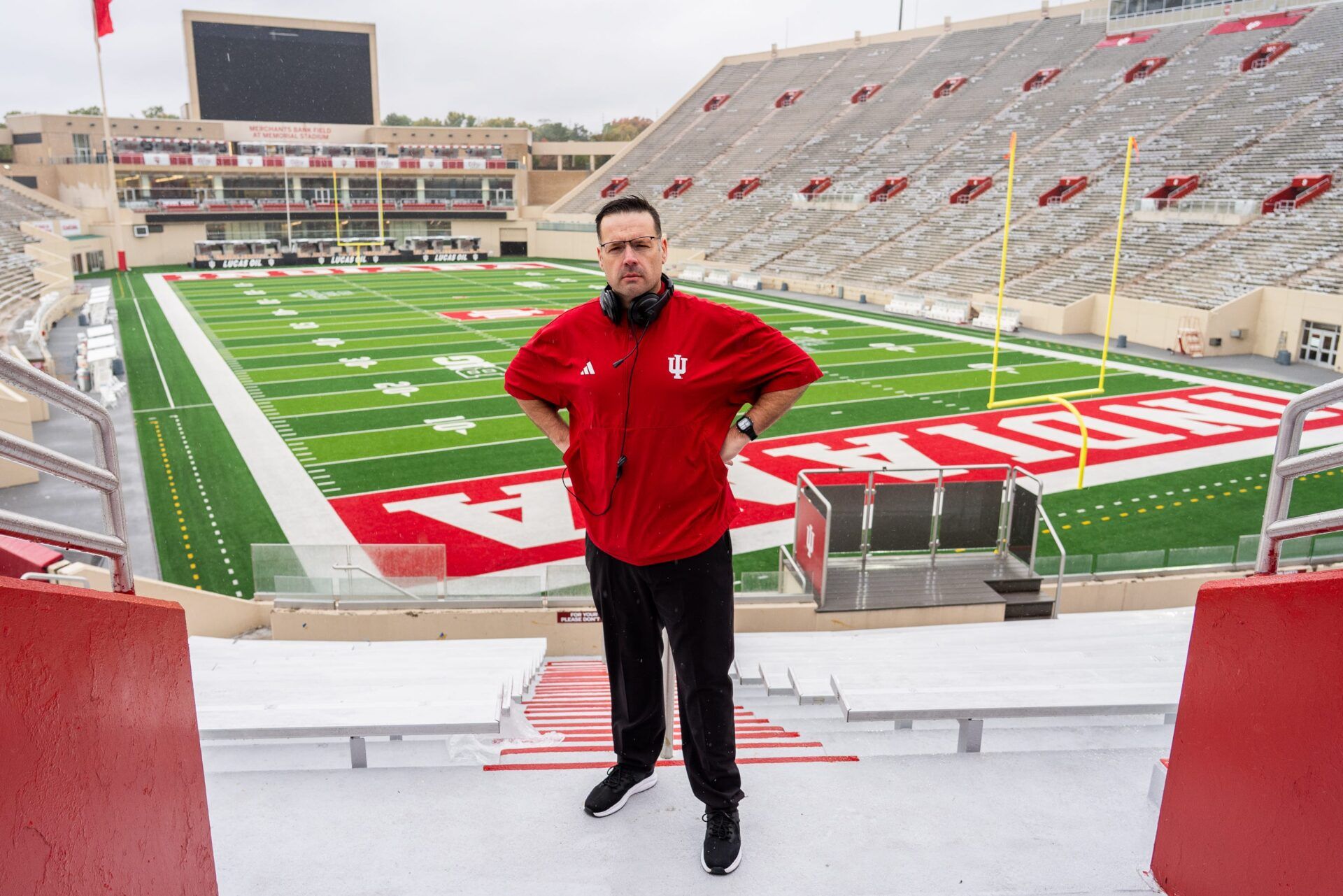 Cory Miles, of Washington, Indiana, poses Wednesday, Oct. 29, 2025, inside Memorial Stadium on the Indiana University campus in Bloomington. Miles has gained recent popularity by impersonating Indiana head football coach Curt Cignetti. He goes by Curt Cignotti.