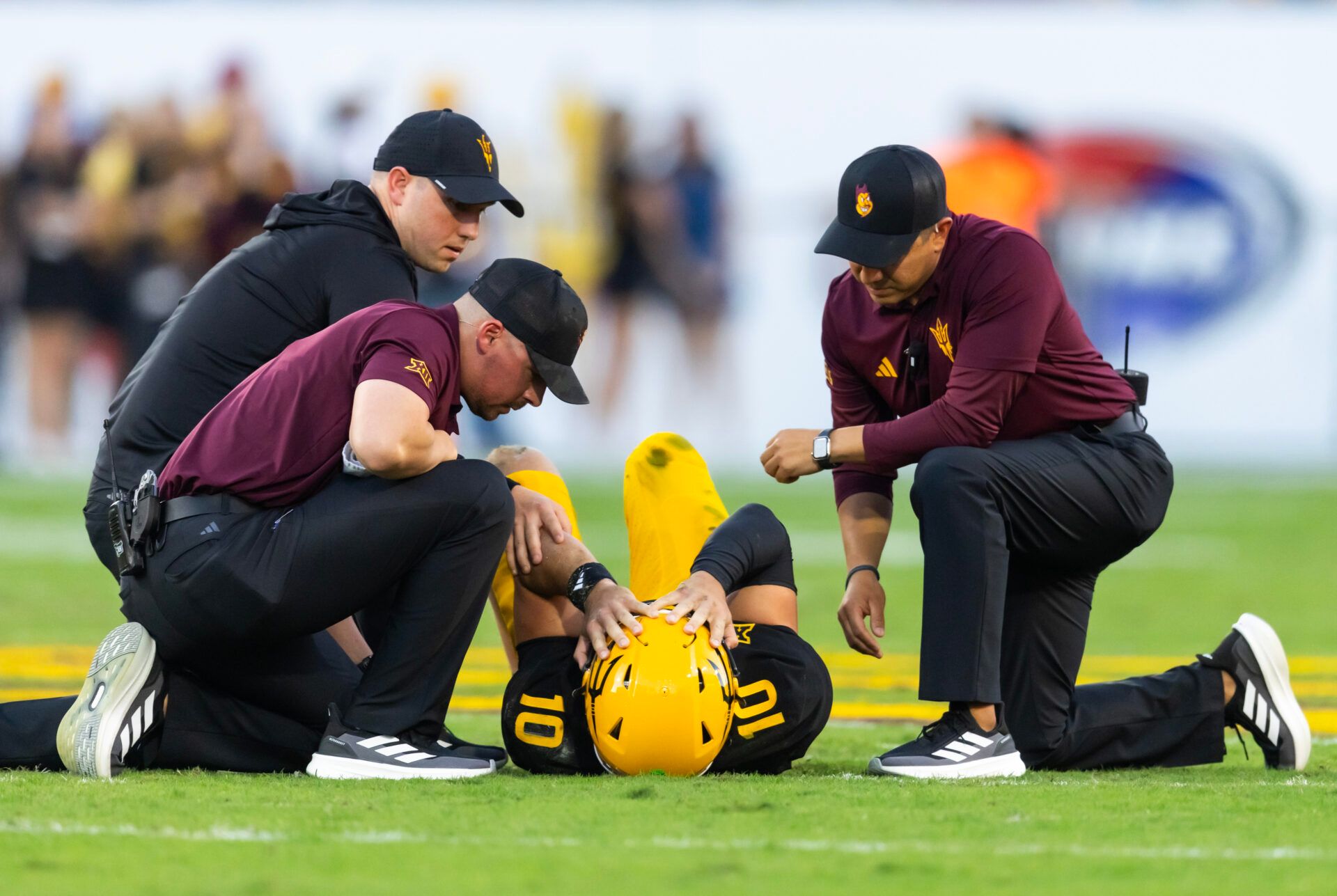 Arizona State Sun Devils quarterback Sam Leavitt (10) reacts after suffering an injury against the Houston Cougars in the first half at Mountain America Stadium.