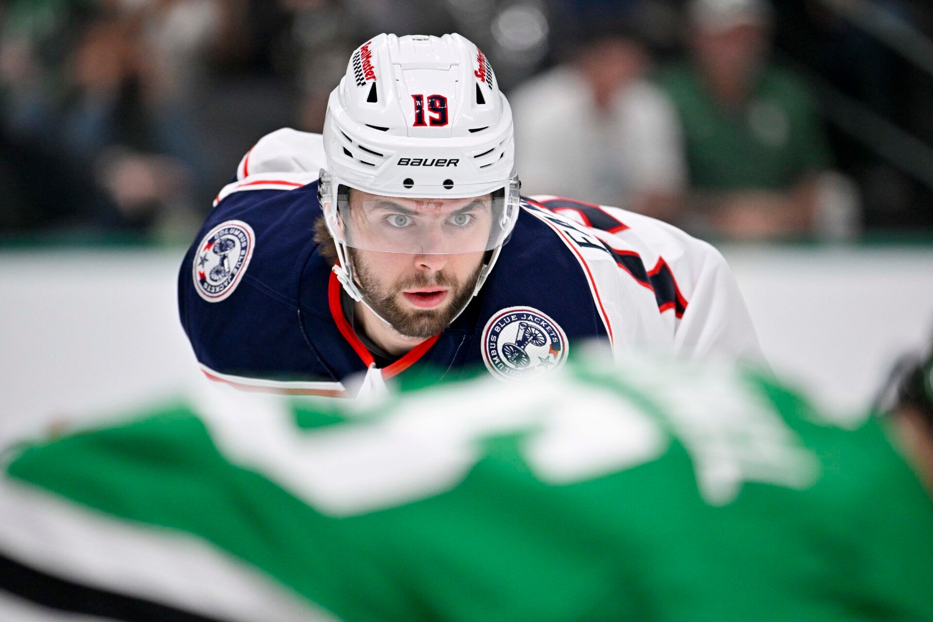 Columbus Blue Jackets center Adam Fantilli (19) looks on during the first period against the Dallas Stars at the American Airlines Center.
