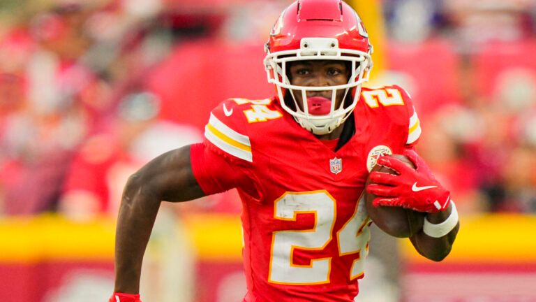 Kansas City Chiefs running back Brashard Smith (24) runs the ball during the second half against the Baltimore Ravens at GEHA Field at Arrowhead Stadium.