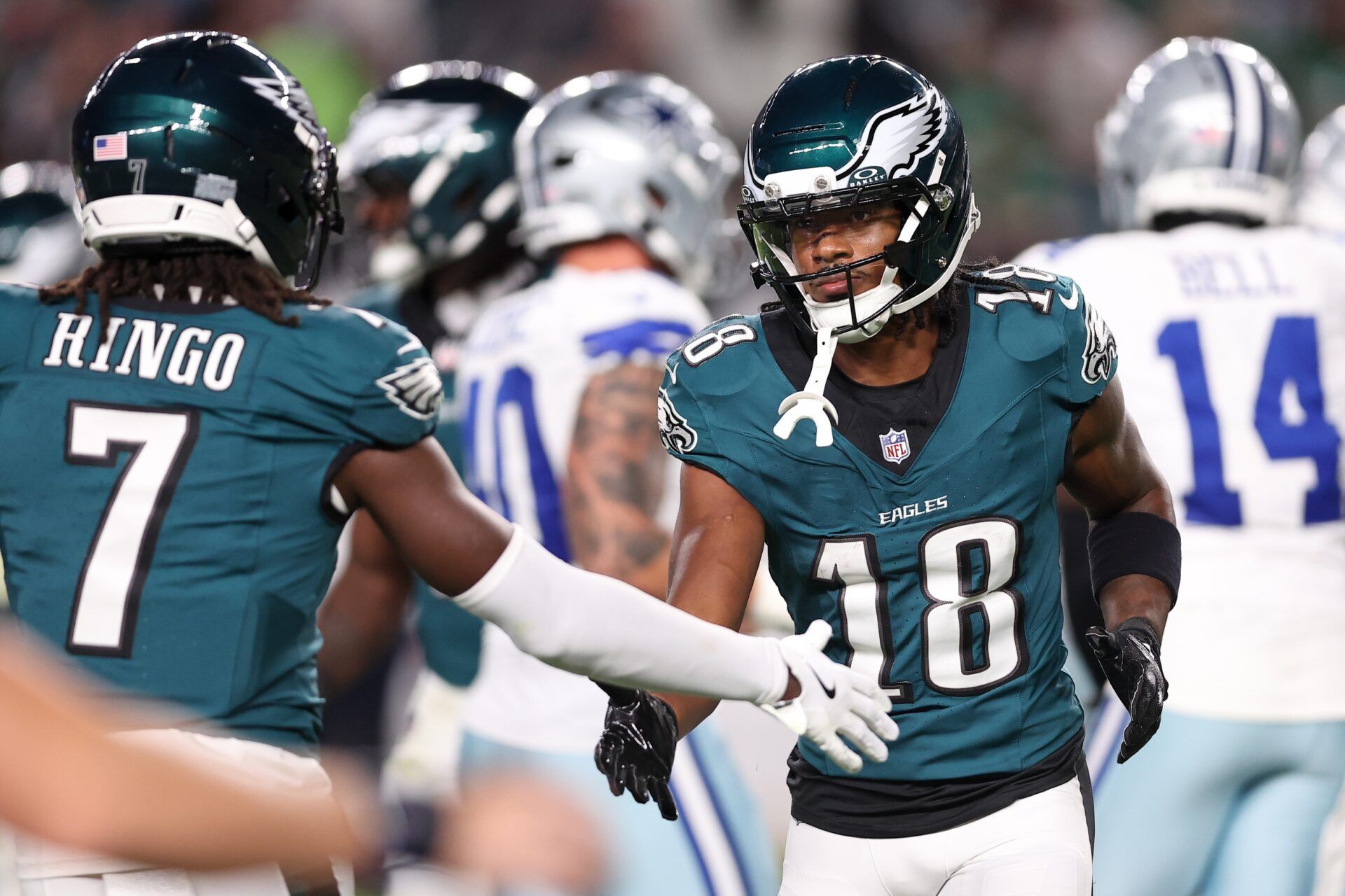 Philadelphia Eagles wide receiver John Metchie III (18) celebrates after a play against the Dallas Cowboys during the third quarter of the game at Lincoln Financial Field.