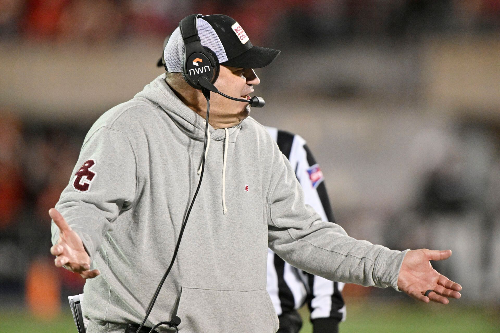 Boston College Eagles head coach Bill O'Brien questions a call during the second half against the Louisville Cardinals at L&N Federal Credit Union Stadium. Louisville defeated Boston College 38-24.